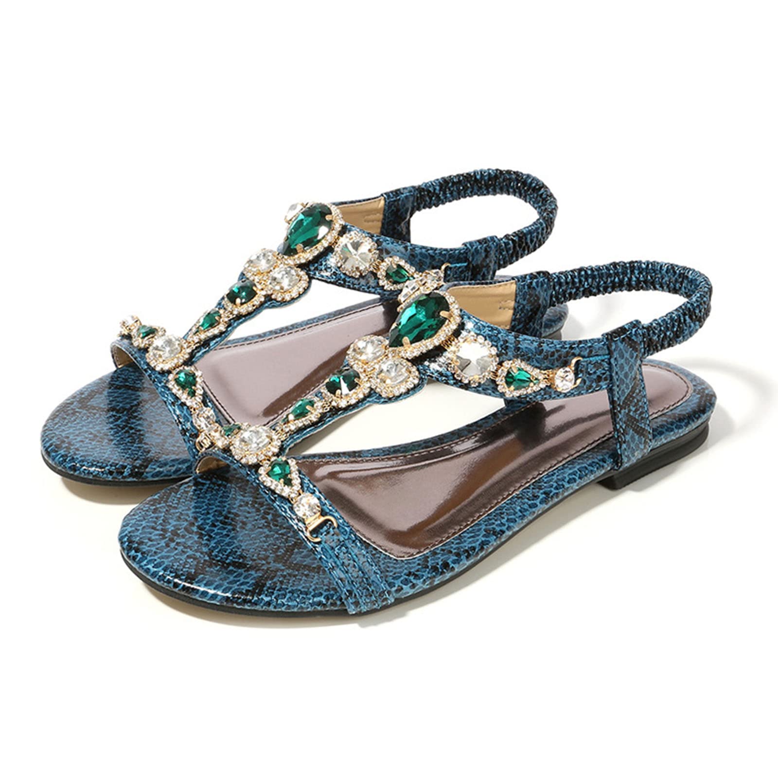 JMQN Women's Bohemian Flat Sandals with Beaded Design & Elastic Straps - Comfortable Summer Beach Sandals for Women, Casual Party Shoes, Size 6.5 (Blue) - Perfect for Beach Vacations, Music Festivals & Summer Outings