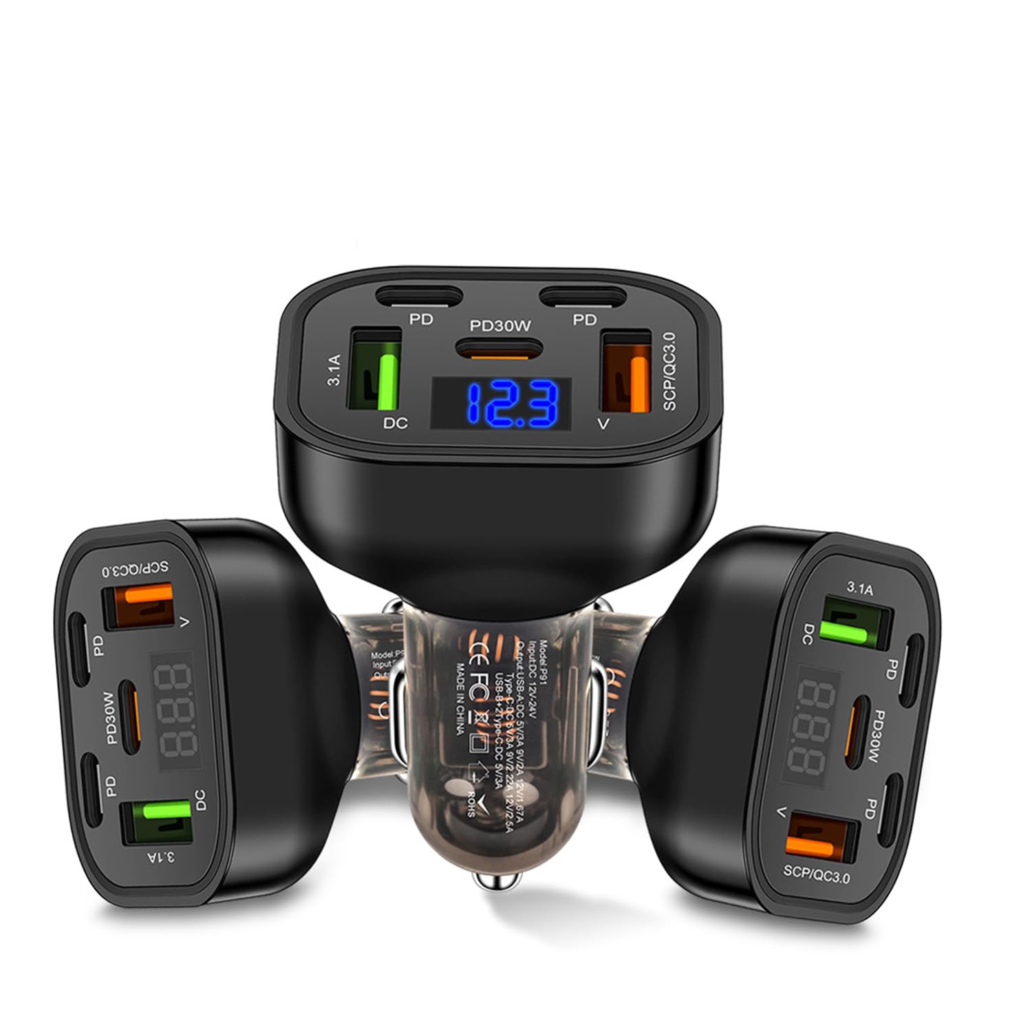 5-Port 30W PD Fast Car Charger with LED Display - QC3.0 USB C Multi Port Cigarette Lighter Adapter for iPhone 16/15/14/13/12/11 Pro Max Plus & Samsung Galaxy S24/S23 - Perfect for Road Trips, Commuting & Multi-Device Charging On-The-Go