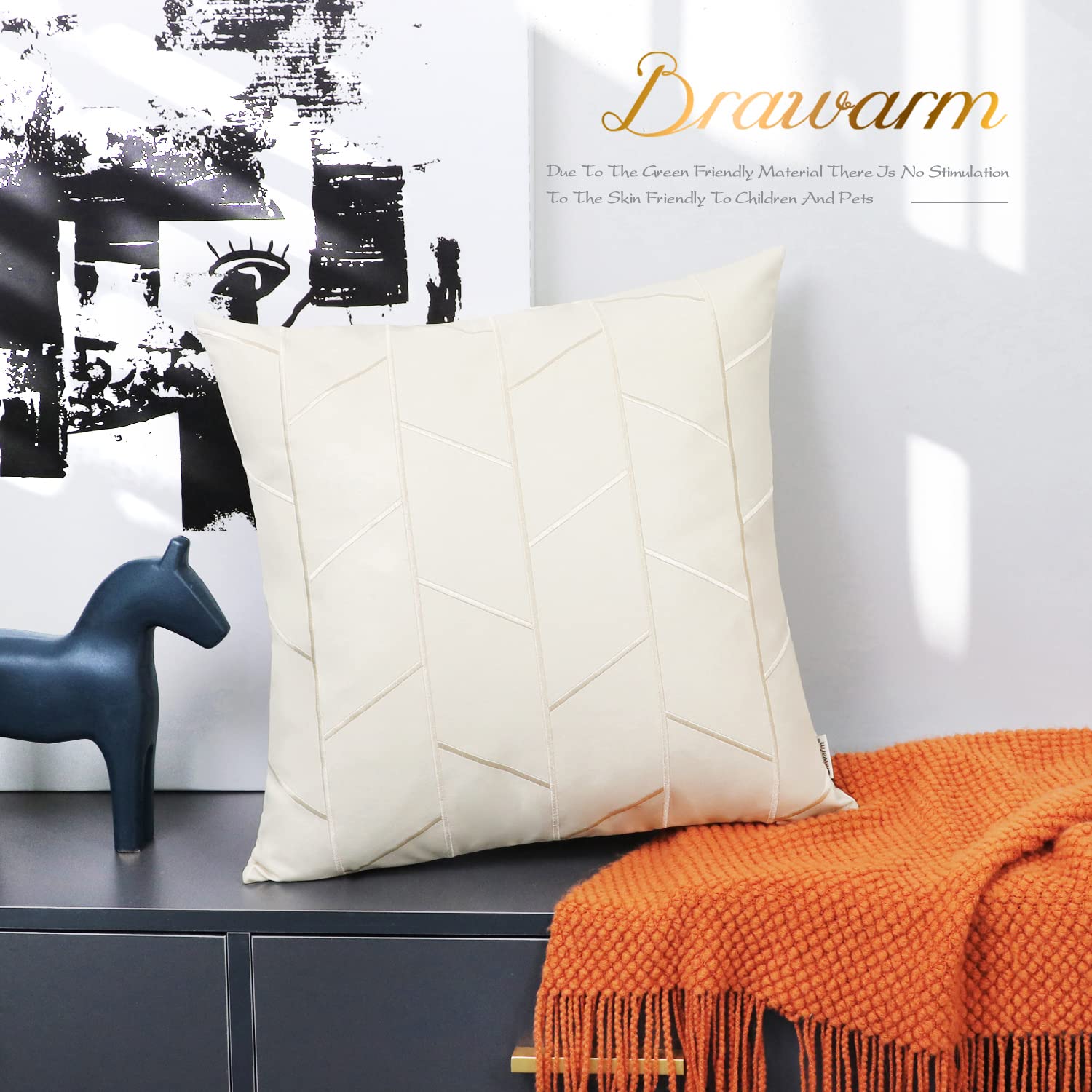 BRAWARM 16x16 Inch Faux Leather Pillow Covers - Pack of 2, Cream Geometric Embroidery Decorative Throw Pillows for Living Room, Couch, Bed & Sofa - Perfect for Home Decor, Farmhouse Style & Cozy Interior Design
