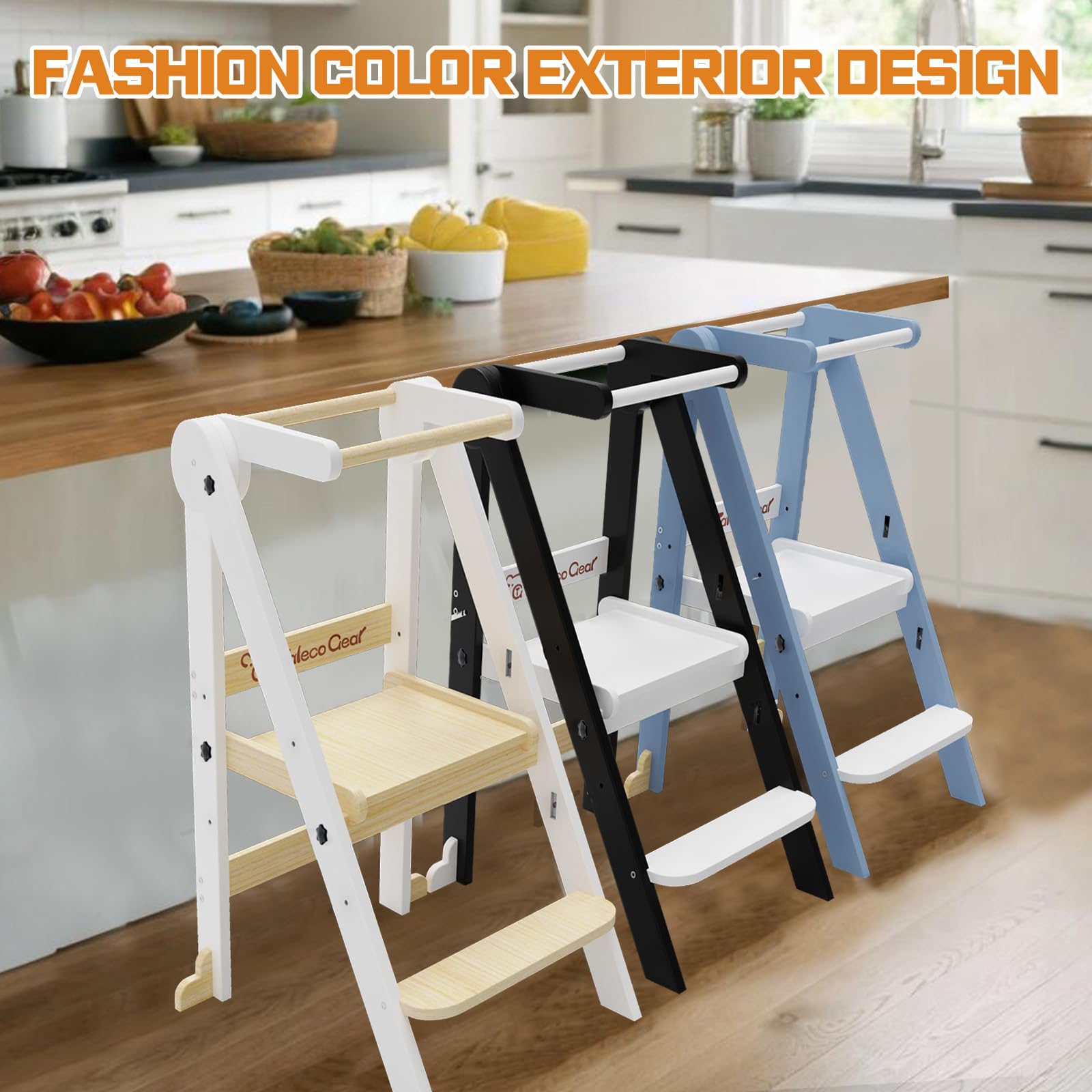 Taleco Gear Foldable Toddler Kitchen Stool Helper - 3 Adjustable Height Wooden Learning Tower for Kids | Collapsible Step Stool for Bathroom & Kitchen Safety (Natural Wood) | Perfect Montessori Helper for Baking, Washing Hands & Countertop Access