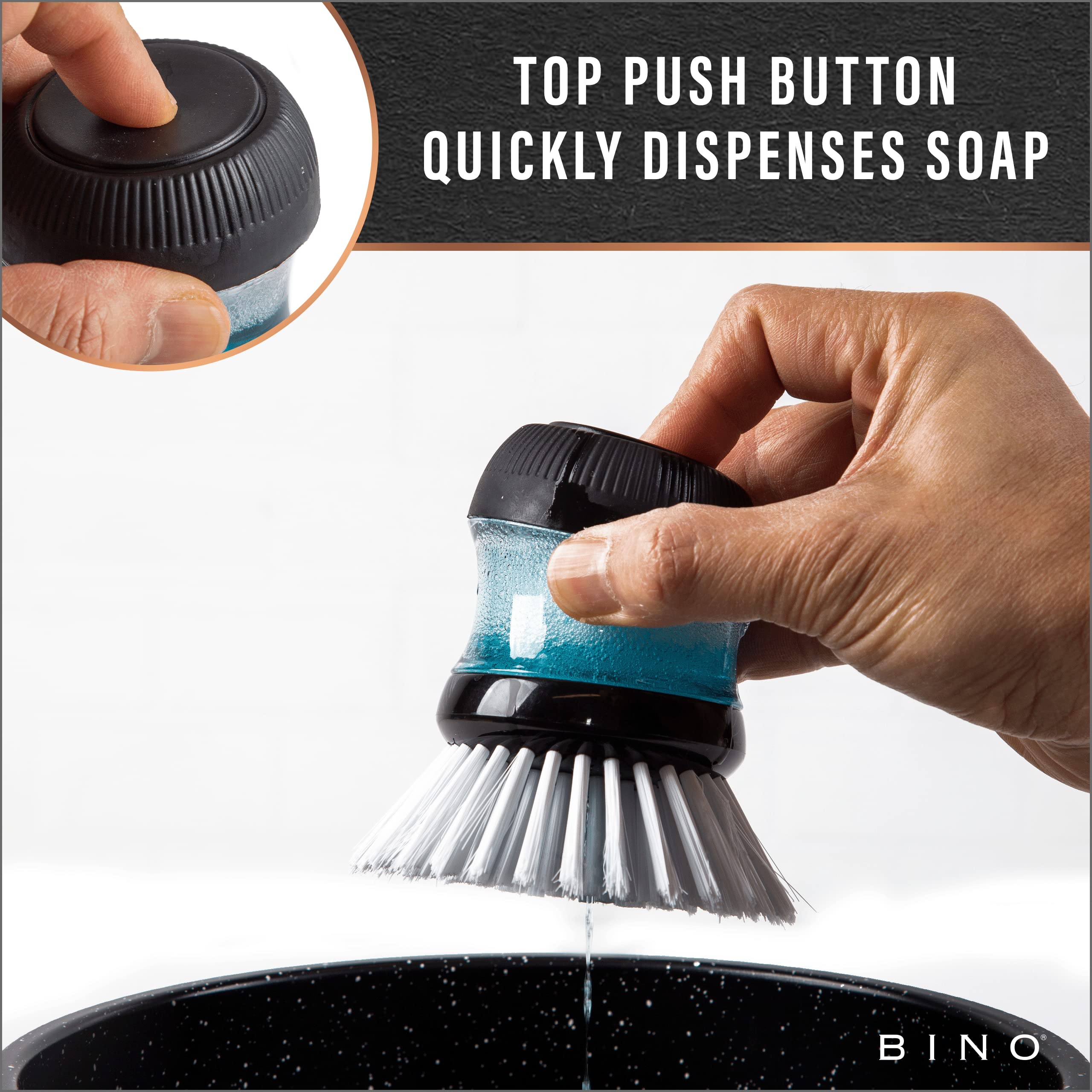 BINO Palm Soap Dispenser Brush - Round Dish Scrubber with Refillable Design | Nylon Cleaning Brush for Kitchen, Sink & Household Dishwashing | Perfect for Pots, Pans, Plates & Utensils Cleaning