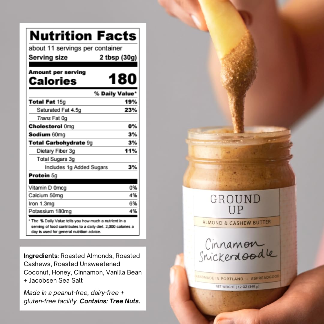 Organic Almond & Cashew Butter - Cinnamon Snickerdoodle Flavor - Peanut-Free, Dairy-Free, Gluten-Free, Vegan - 12oz (2 Jars) - Perfect for Smoothies, Toast & Healthy Snacks
