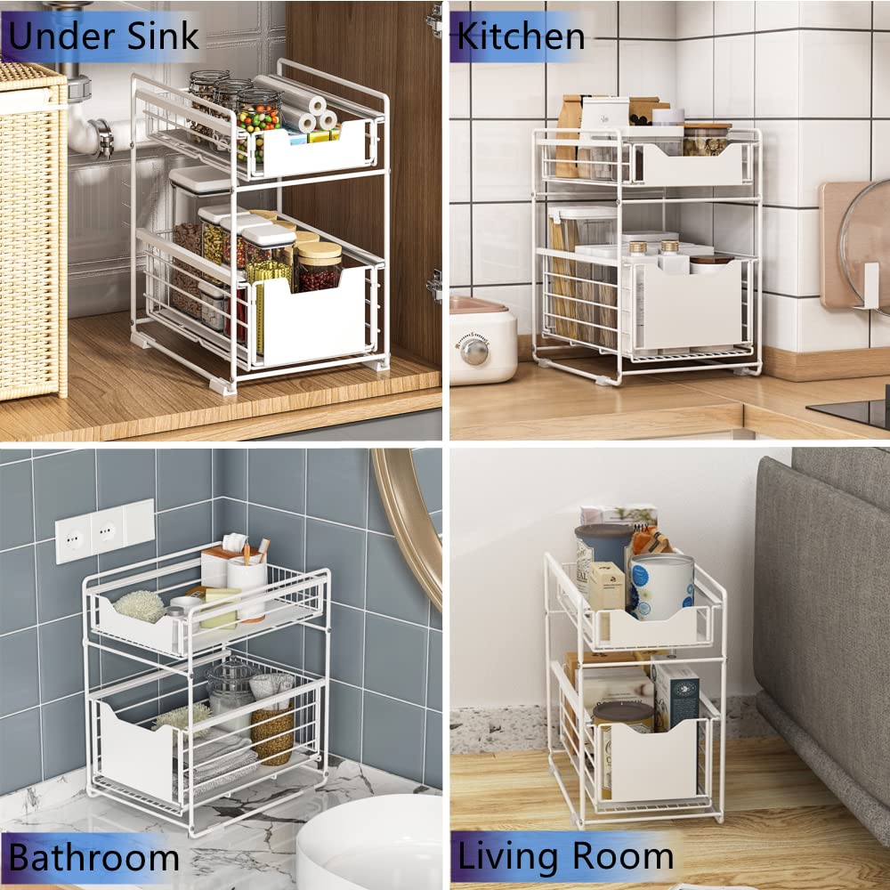 2-Tier Under Sink Organizer & Storage Shelf - Sliding Pull Out Cabinet Organizer for Kitchen, Bathroom or Pantry - Space Saving Solution for Cleaning Supplies, Sponges & Toiletries