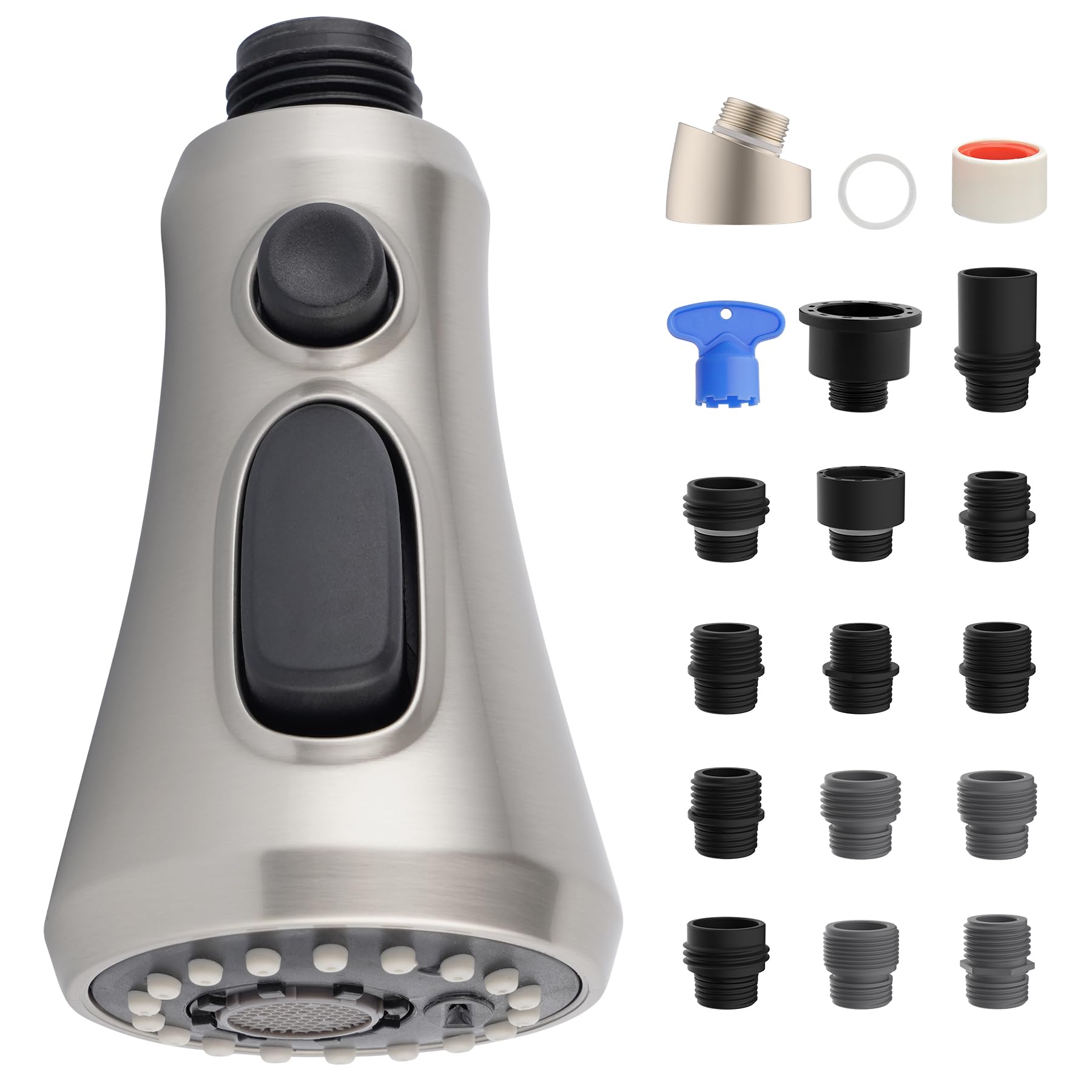 iFealClear Universal Pull Down Kitchen Faucet Head Replacement - 3 Function Anti-Splash Sprayer with 15 Adapters, Brushed Nickel Finish | Perfect for Home Kitchen Sink Upgrade & Easy Installation