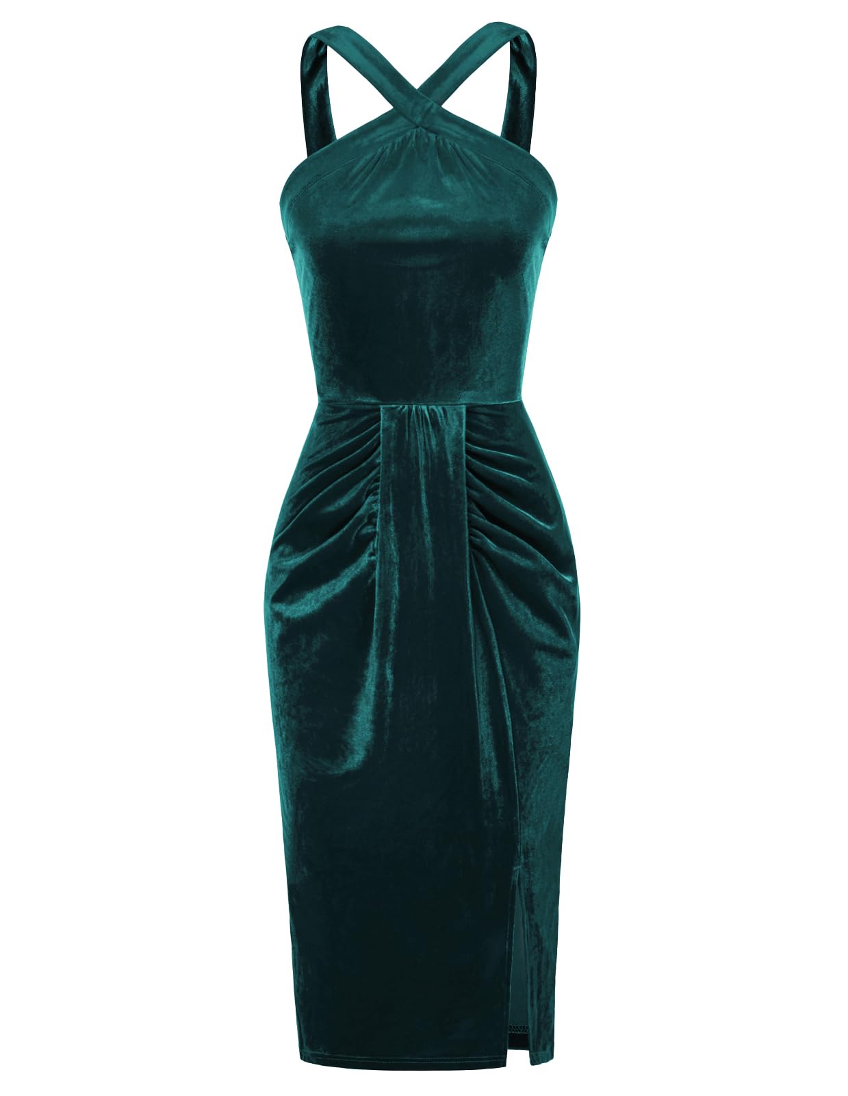 Belle Poque Women's Velvet Halter Neck Midi Dress with Slit - Elegant Formal Cocktail Dress for Parties, Weddings & Evening Events