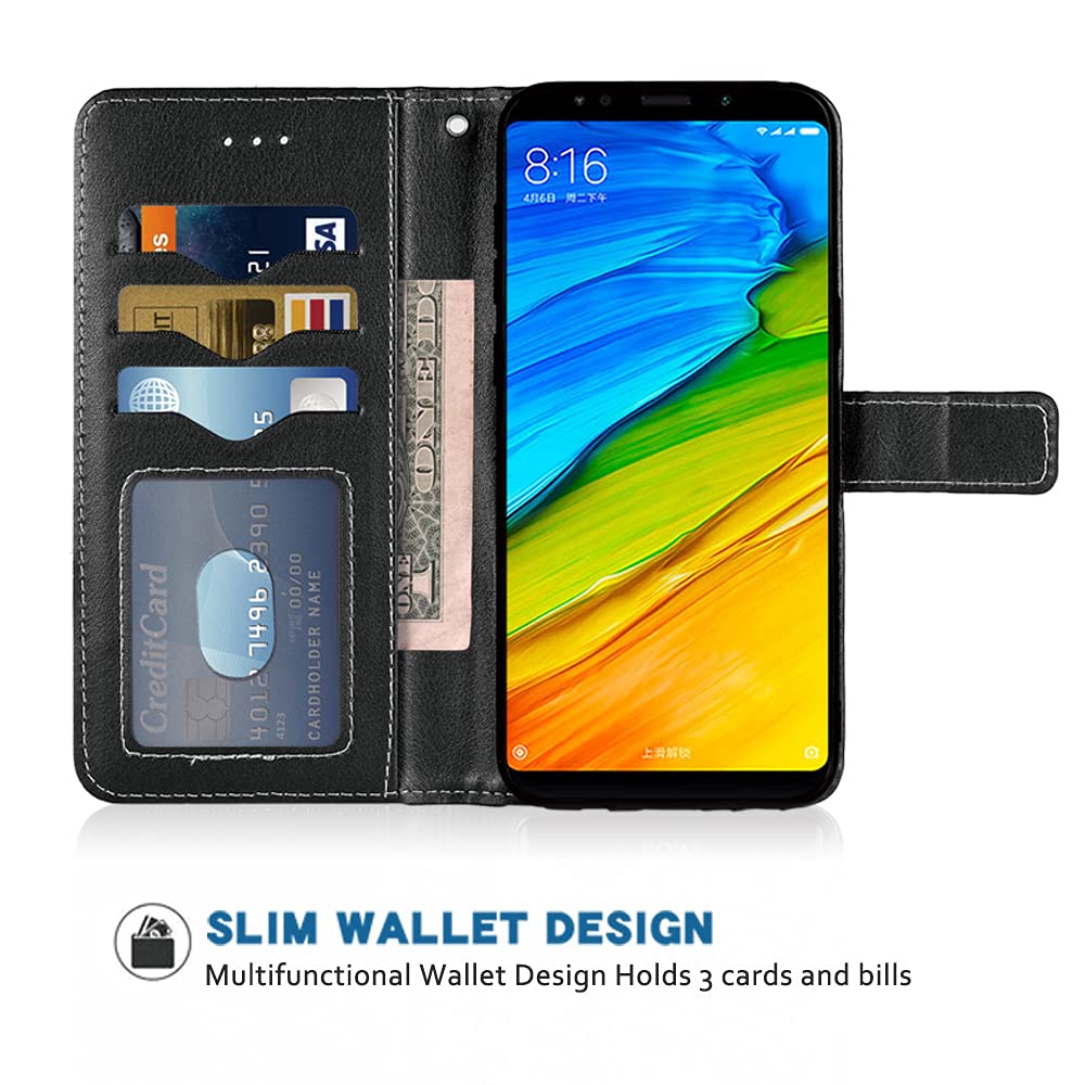 Xiaomi Redmi Note 5 Wallet Case - Leather Flip Cover with Card Holder, Wrist Strap & Stand | Compatible with Redmi Note 5 | Perfect for Daily Use, Travel & Hands-Free Viewing (Black)