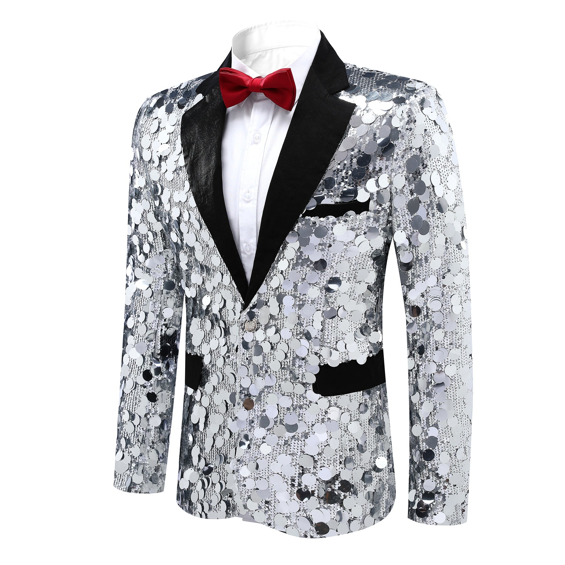 Men's Silver Sequined Single Button Blazer Jacket - Stylish Formal Wear for Parties, Weddings & Special Occasions