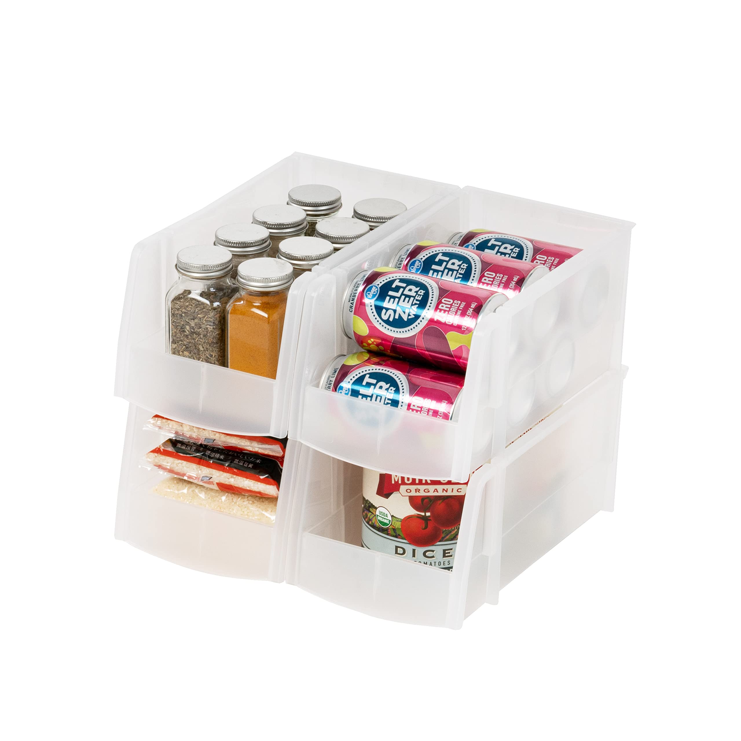 IRIS USA Clear Plastic Stackable Storage Bins - 4 Pack Medium Open Front Organizer Baskets for Kitchen, Pantry, Fridge, Bathroom & Office | Perfect for Snacks, Cans, Coffee Pods & Supplies | Space-Saving Home & Office Organization Solution