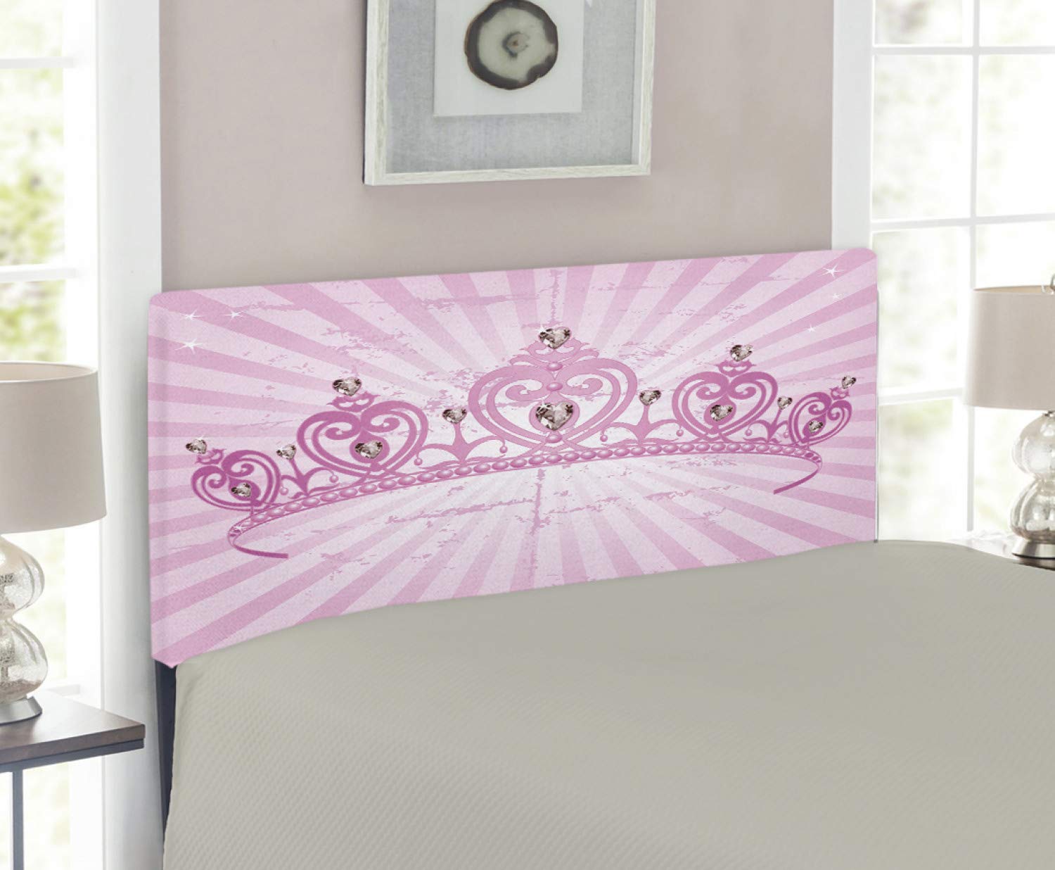 Ambesonne Queen Size Upholstered Headboard - Pink Heart Cartoon Crown Design on Radial Backdrop, Romantic Decorative Metal Bed Headboard with Memory Foam Padding, Twin Size in Pale Pink | Perfect for Kids' Bedrooms, Nursery Decor & Princess-Themed Room Makeovers