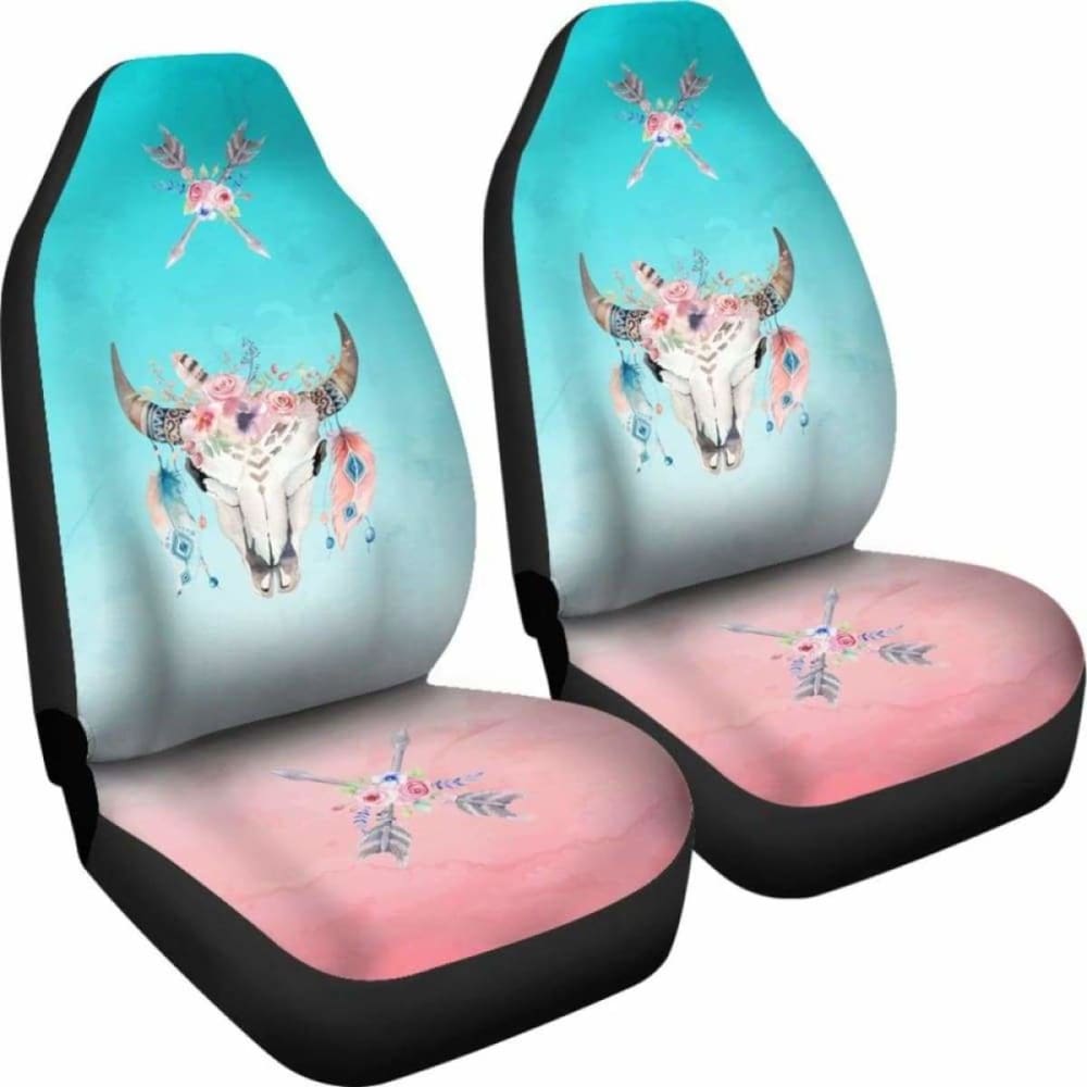 Boho Cow Skull Floral Arrow Car Seat Covers - Ombre Background Design for Trucks & SUVs - Perfect for Western Decor, Road Trips & Outdoor Adventures