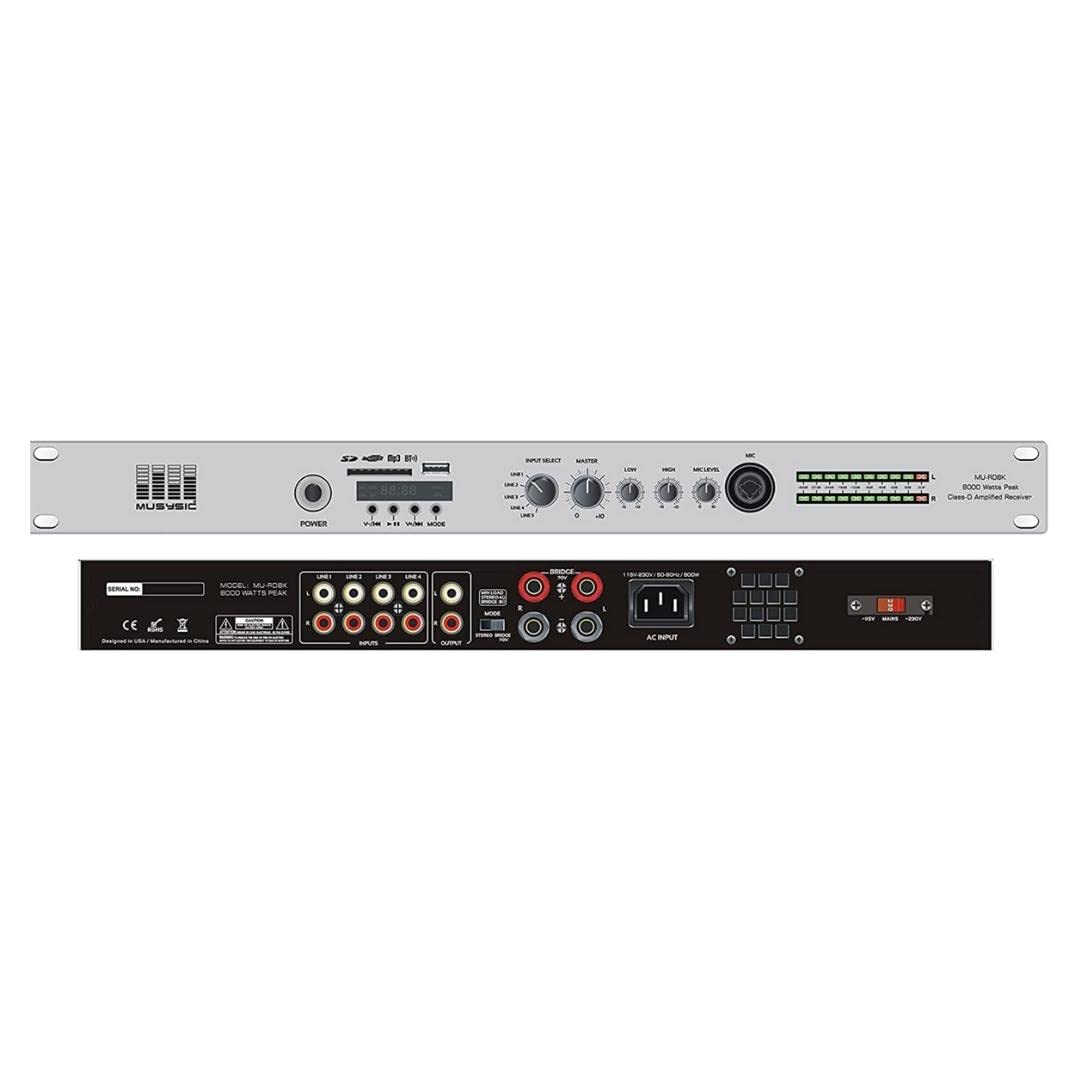 MUSYSIC Professional 8000W Amplifier Preamp Receiver with USB/SD/Bluetooth/FM, Bass Treble Control, RCA & Mic Input, Class D Circuit - Perfect for Home Theater, DJ Setup & Live Sound Systems