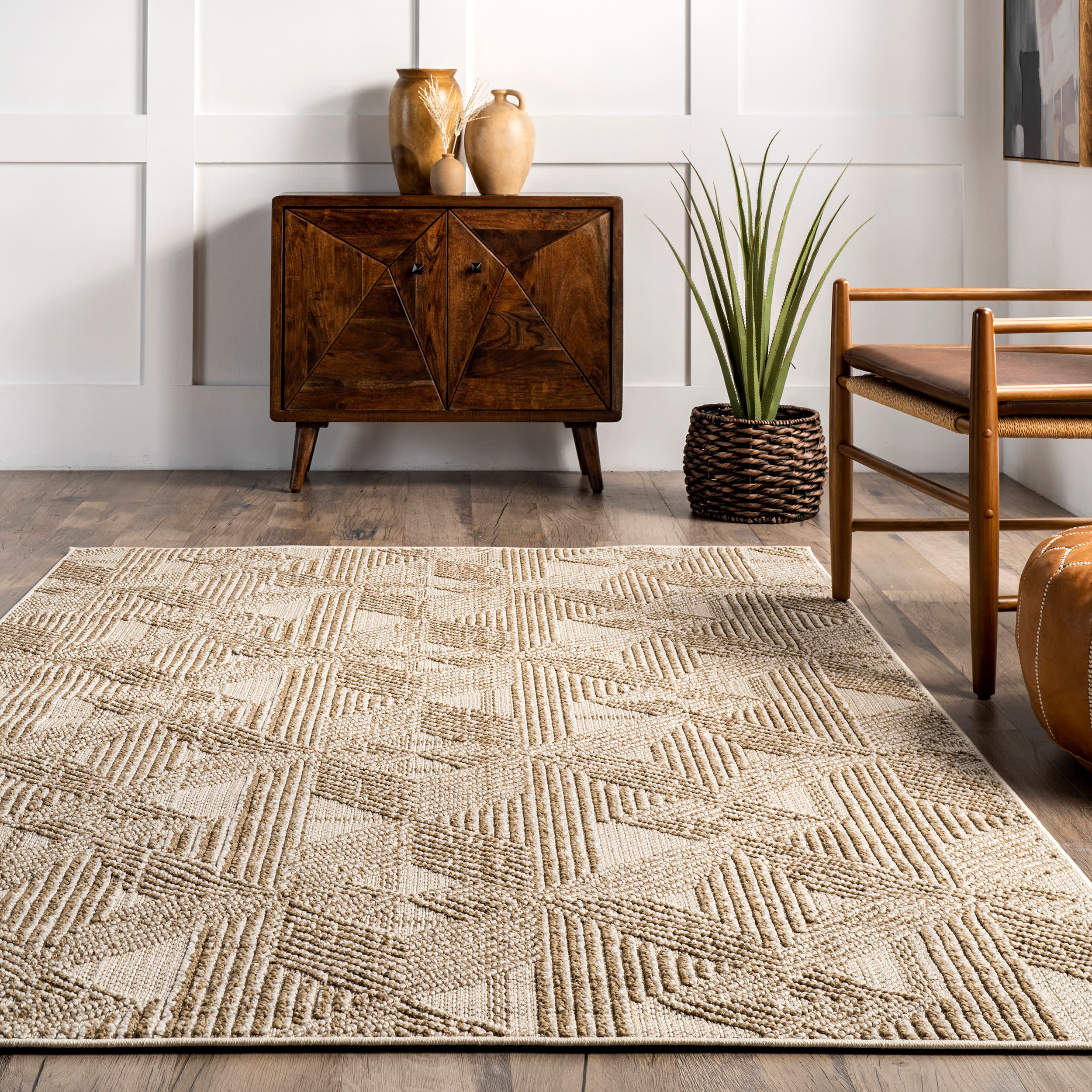 Brandy Diamond Striped Area Rug - Soft Beige Bohemian Floor Carpet for Living Room, Bedroom & Office Decor