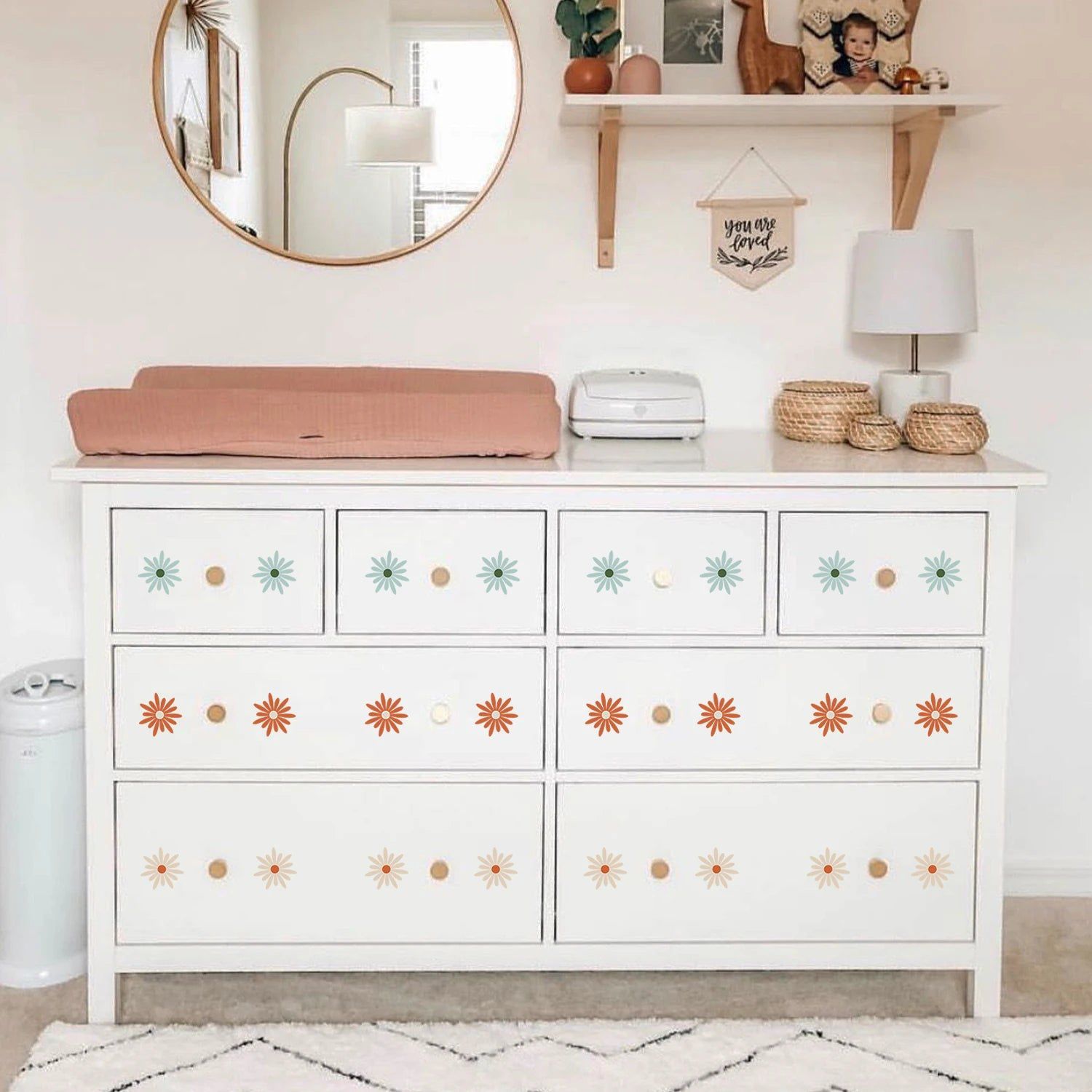 Boho Daisy Flower Wall Stickers - Self-Adhesive Nursery Wall Decals for Girls Room, Baby Shower Decor & Kids Bedroom - Peel and Stick Floral Wall Art
