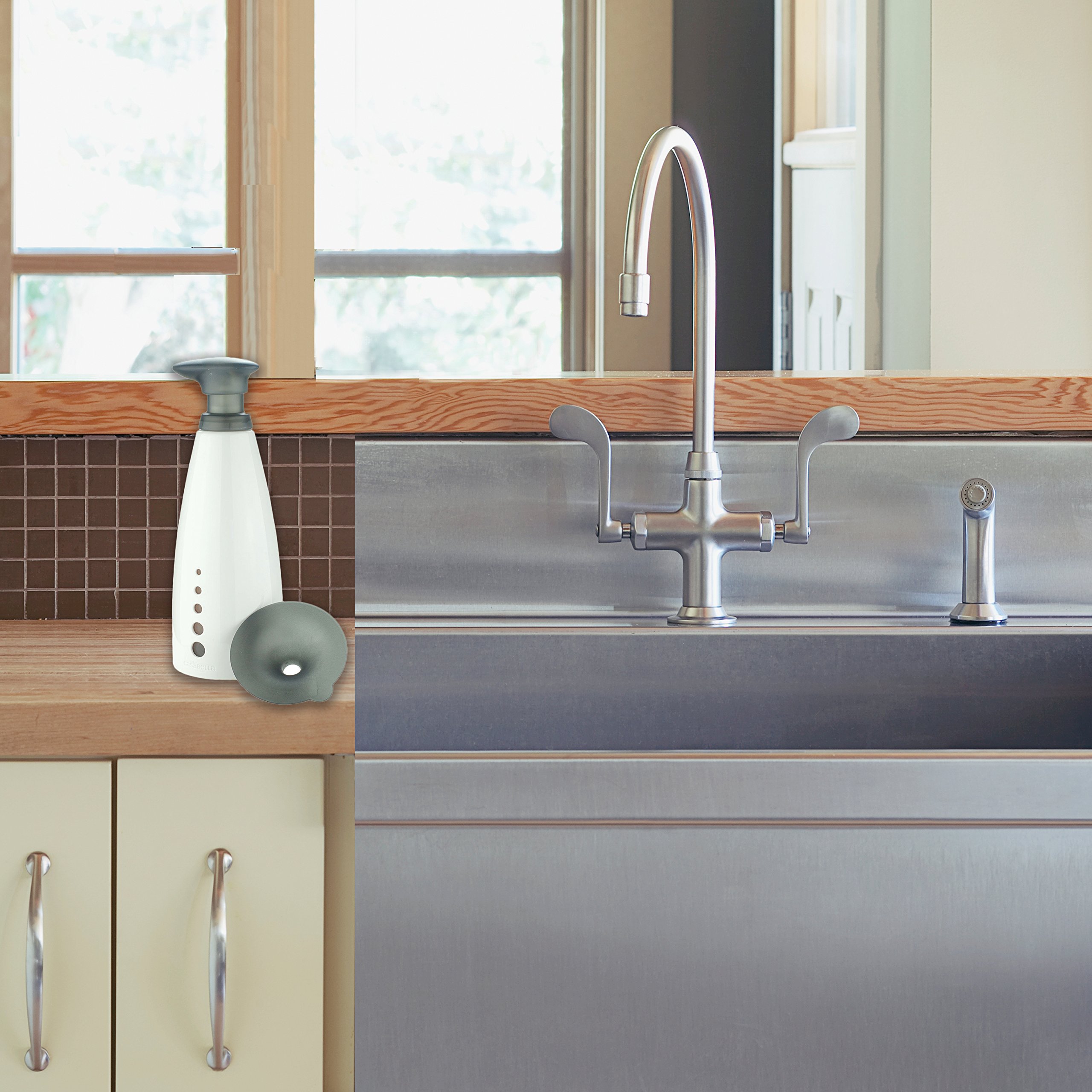 Casabella Sink Sider 14-oz. Soap Dispenser with Filling Funnel - Gray & White Multipurpose Pump Bottle for Kitchen, Bathroom, and Office Use