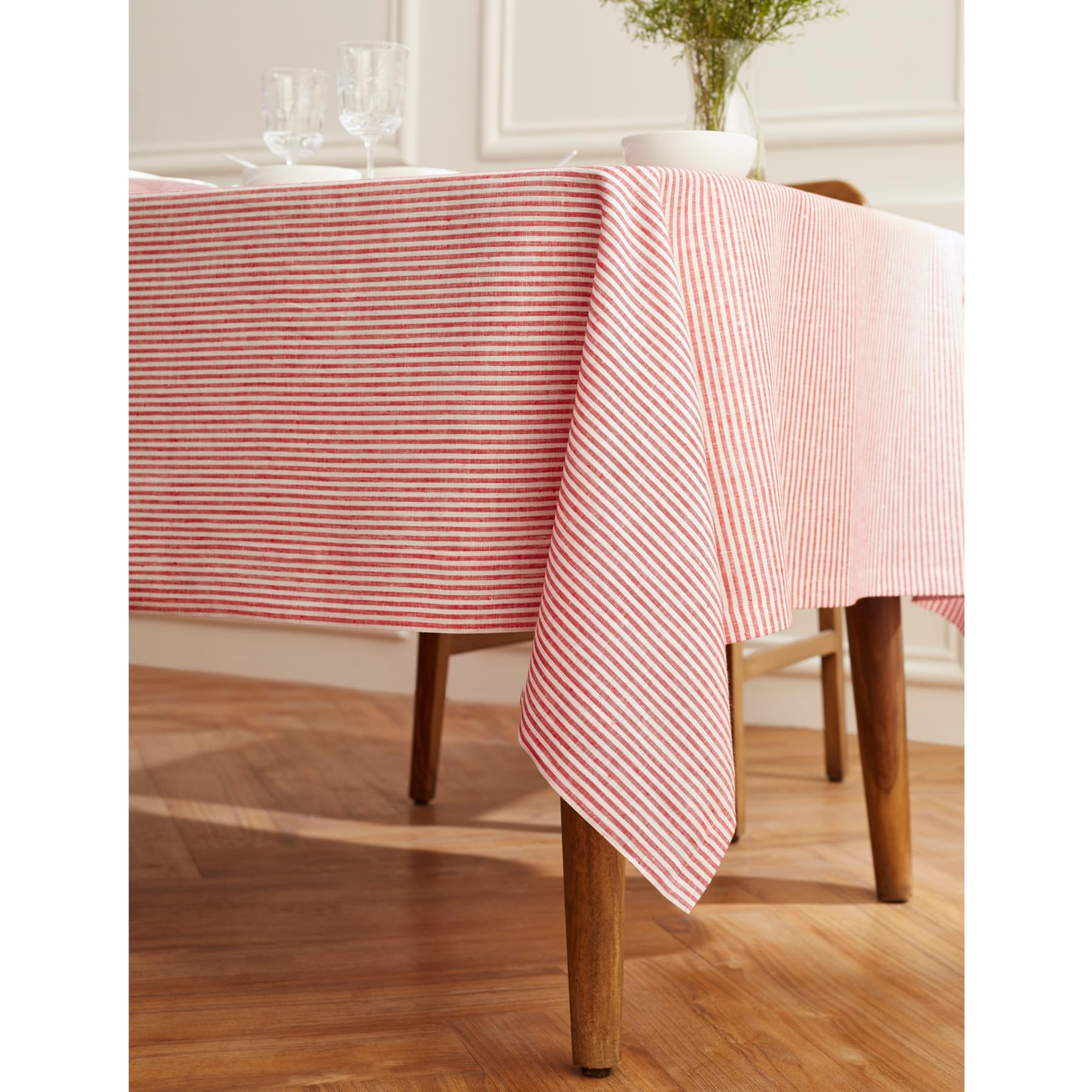 Solino Home 100% Pure Linen Striped Tablecloth - 60x120 Inch Red & White Handcrafted Table Cover - Machine Washable Narrow Stripe Design for Dining Table Decor - Perfect for Spring, Mother's Day, Easter Celebrations & Farmhouse Style Home Decor