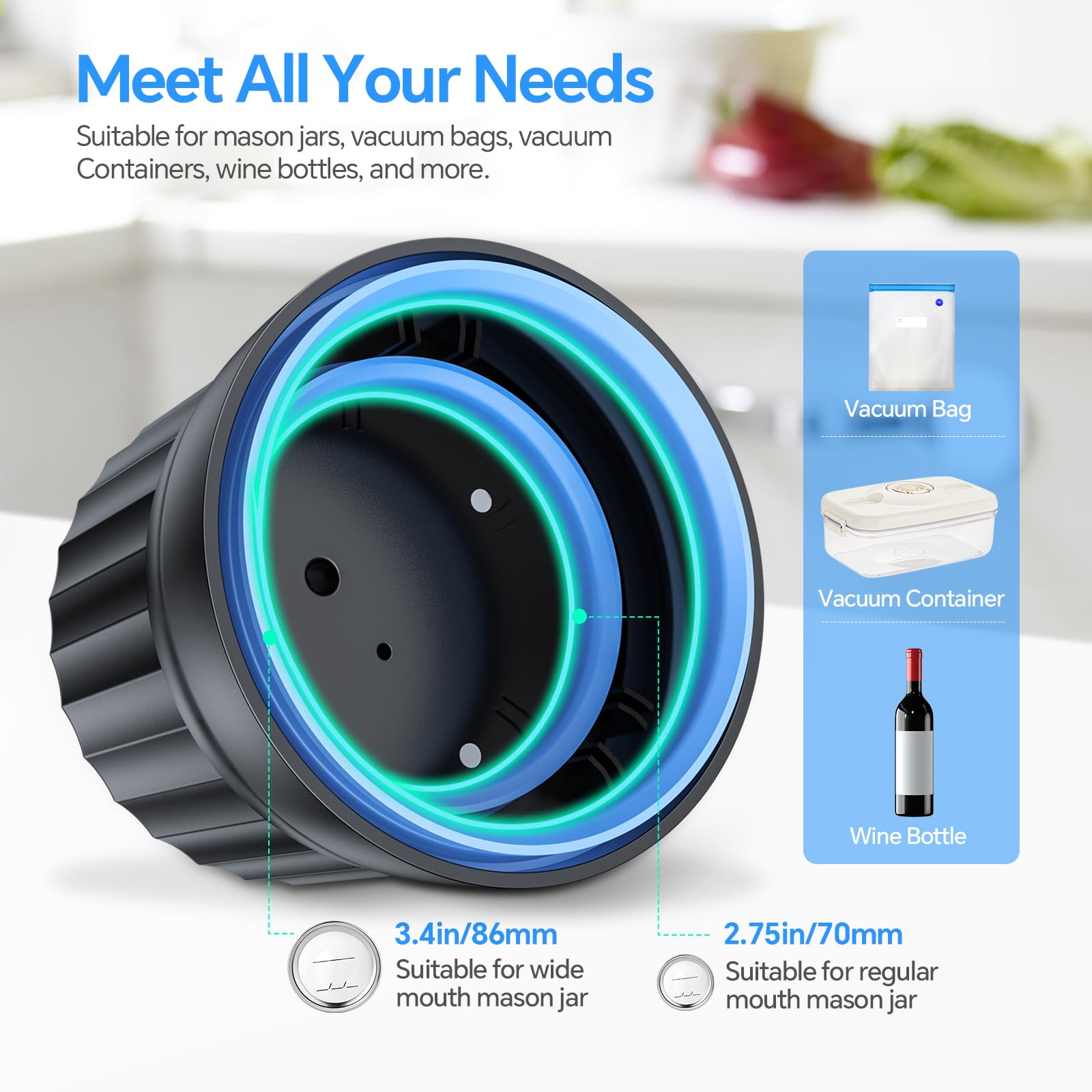 Electric Mason Jar Vacuum Sealer Kit - Wide & Regular Mouth Jar Sealer with Vacuum Bags | Cordless Food Storage System for Canning, Meal Prep & Freshness Preservation | Strong Suction, Black | Perfect for Home Kitchen, Camping & Long-Term Food Storage