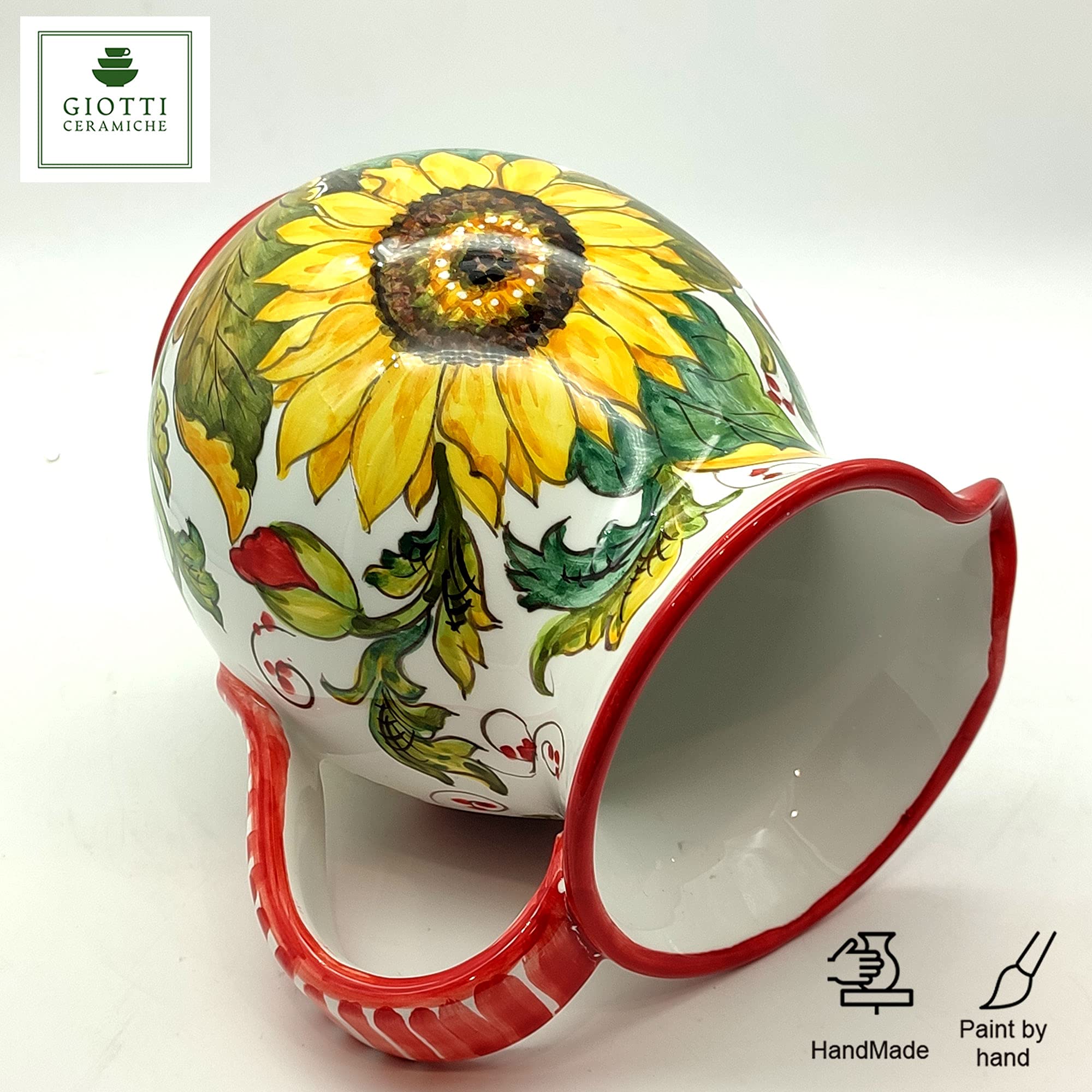 Italian Ceramic Pitcher with Poppies & Sunflower Design - 33 oz Hand-Painted Kitchen Utensil Holder, Carafe & Wine Decanter - Authentic Tuscan Pottery from Italy - Elegant Home Decor for Dining Room, Kitchen & Wine Bar