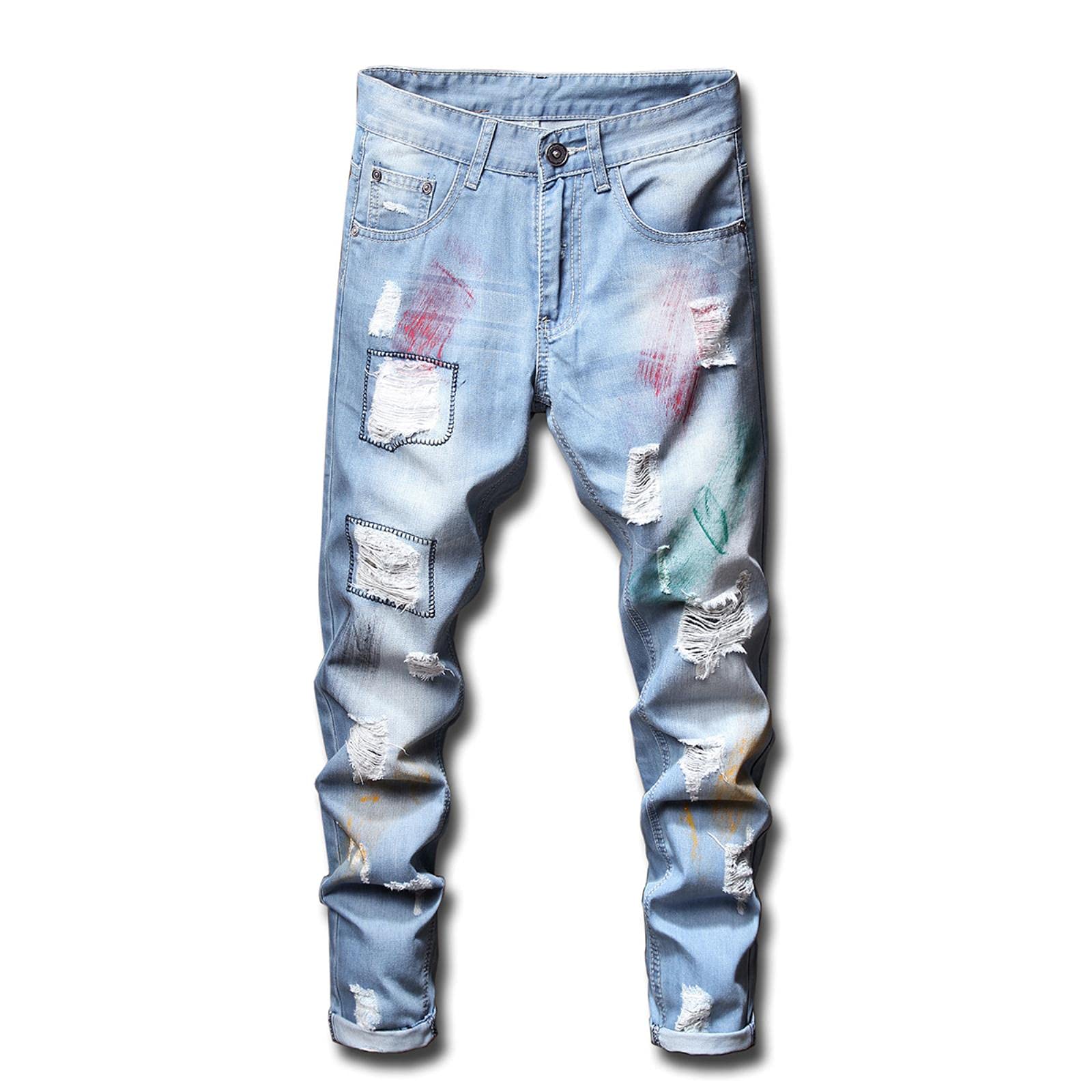 HaBirsZm Men's Distressed Ripped Jeans - Light Blue 32 - Trendy Paint & Ragged Patches Design - Slim Fit Casual Art Denim Pants for Streetwear & Everyday Fashion