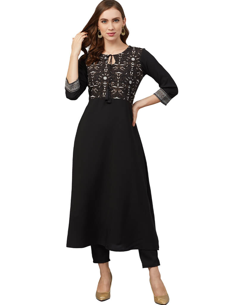 Elegant Black Crepe Pant Kurti for Women - Stylish Indian Ethnic Wear for Casual Outings & Festive Occasions