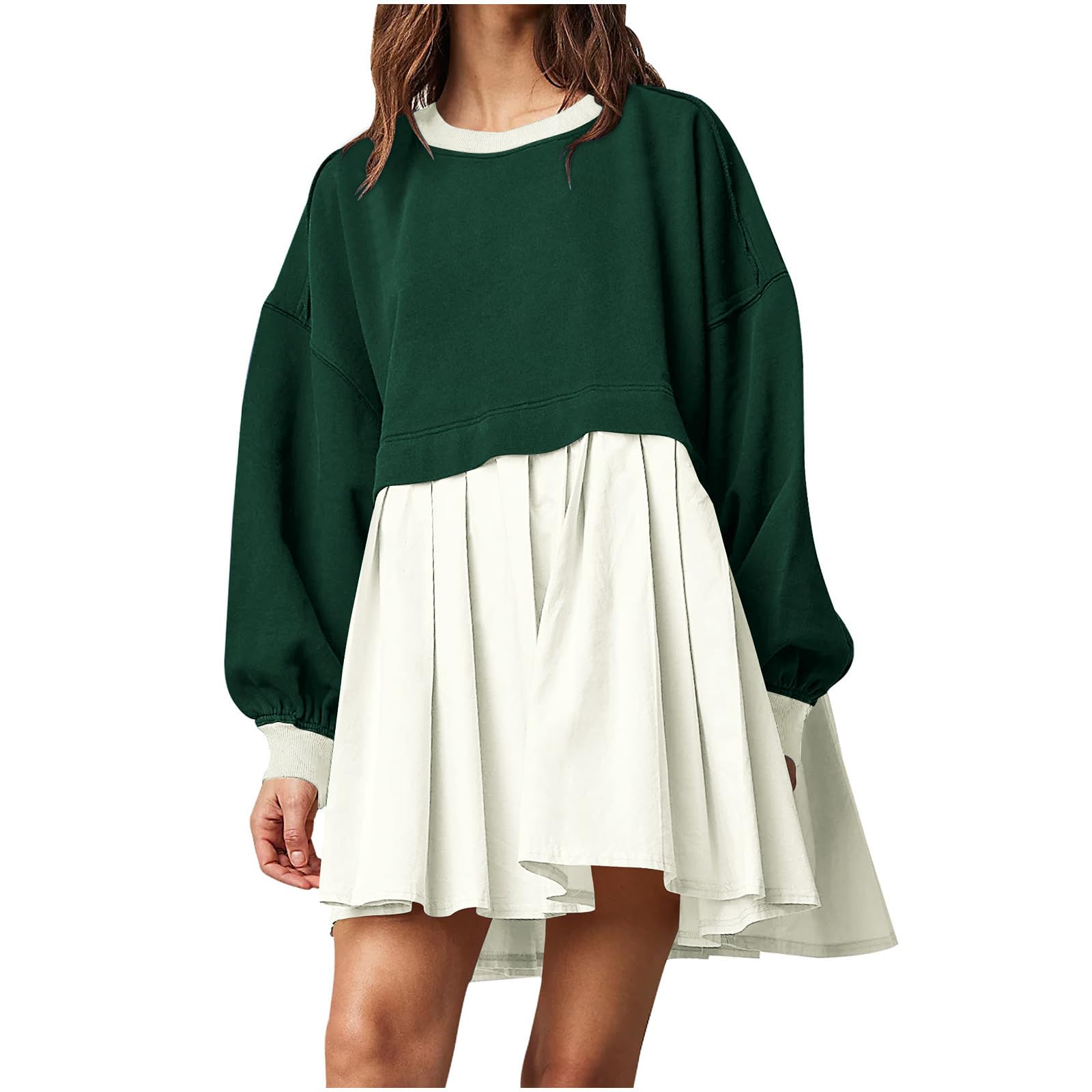 Women's Oversized Patchwork Pleated Sweatshirt Dress - Long Sleeve Baggy Mini Dress with Crewneck | Casual Loungewear, Streetwear Fashion, Fall Winter Outfit
