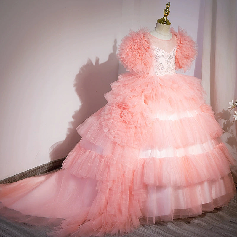 Pink Princess Round Floor Length Satin Flower Girl Dress for Weddings, Birthday Parties & Special Occasions