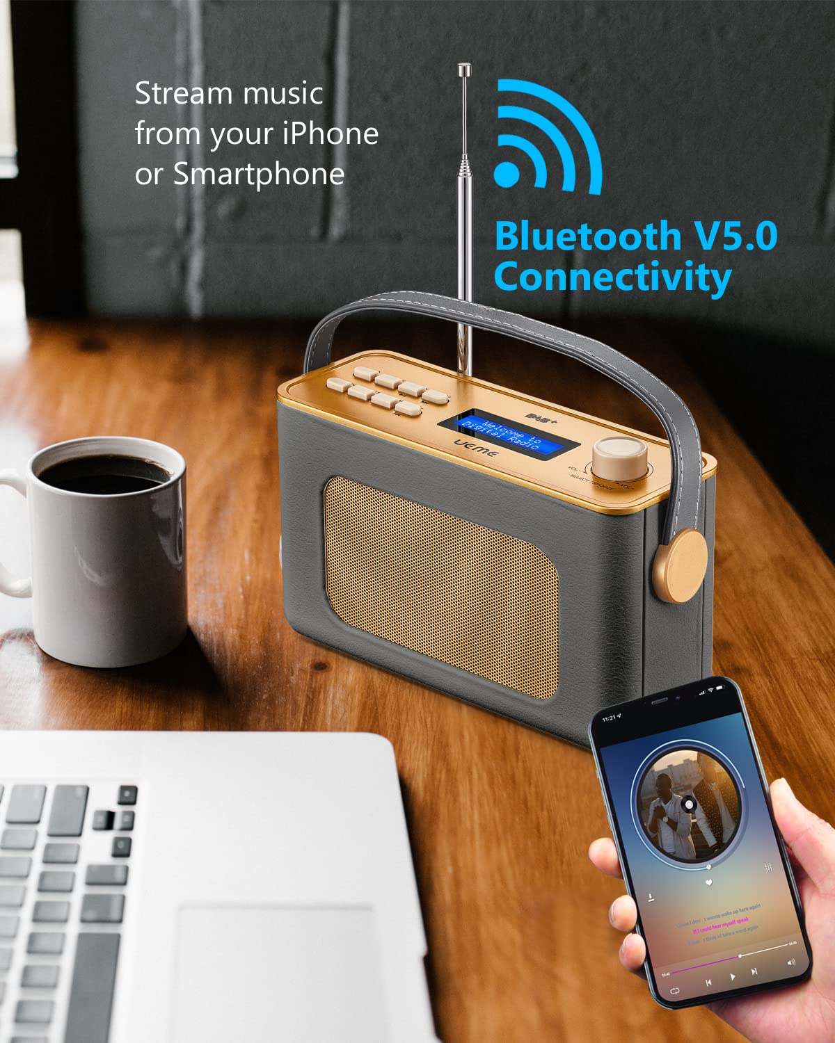 **UEME Retro DAB/DAB+ FM Wireless Portable Radio - Bluetooth, USB Rechargeable Battery, Digital & Analog Tuning (Charcoal Grey) - Perfect for Home, Office, Travel & Outdoor Adventures**
