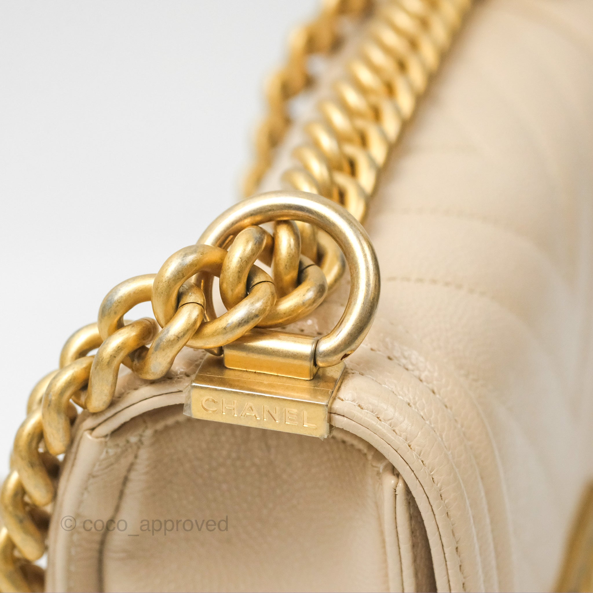 Chanel Chevron Small Boy Bag in Cream Ivory Caviar Leather with Aged Gold Hardware - Perfect for Luxury Fashion & Everyday Elegance