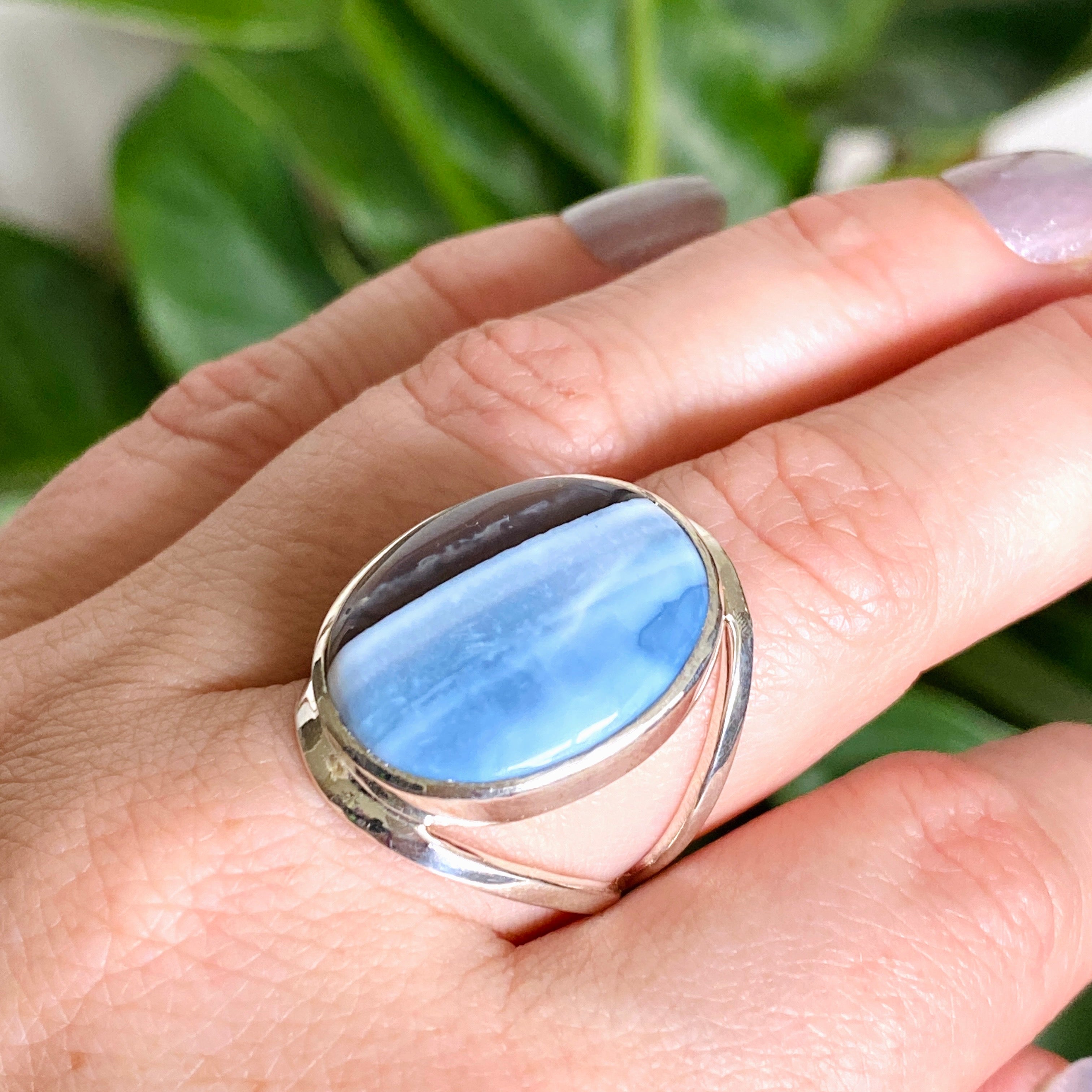 Blue Owhyee Opal Oval Cabochon Ring - Size 9 - KRGJ3304 - Elegant Jewelry for Women, Perfect for Weddings, Parties & Special Occasions