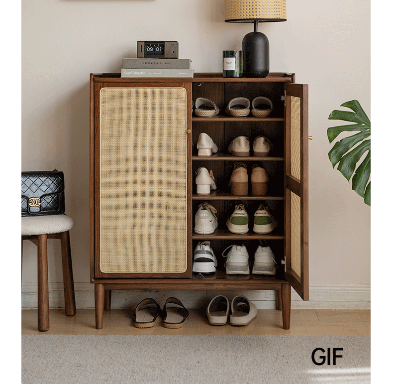 Solid Oak Wood Shoe Cabinet with Rattan Doors - Stylish Entryway Storage for Shoes, Hats & Accessories | Perfect for Hallway, Mudroom & Small Space Organization