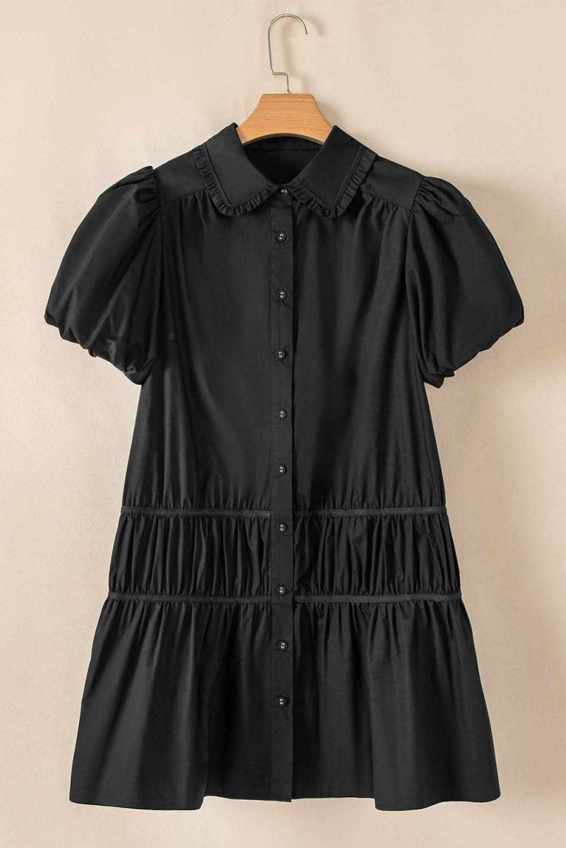 Elegant Black Puff Sleeve Ruffle Hem Button Down Dress for Women | Flowy Party & Wedding Guest Outfit | Office to Evening Wear