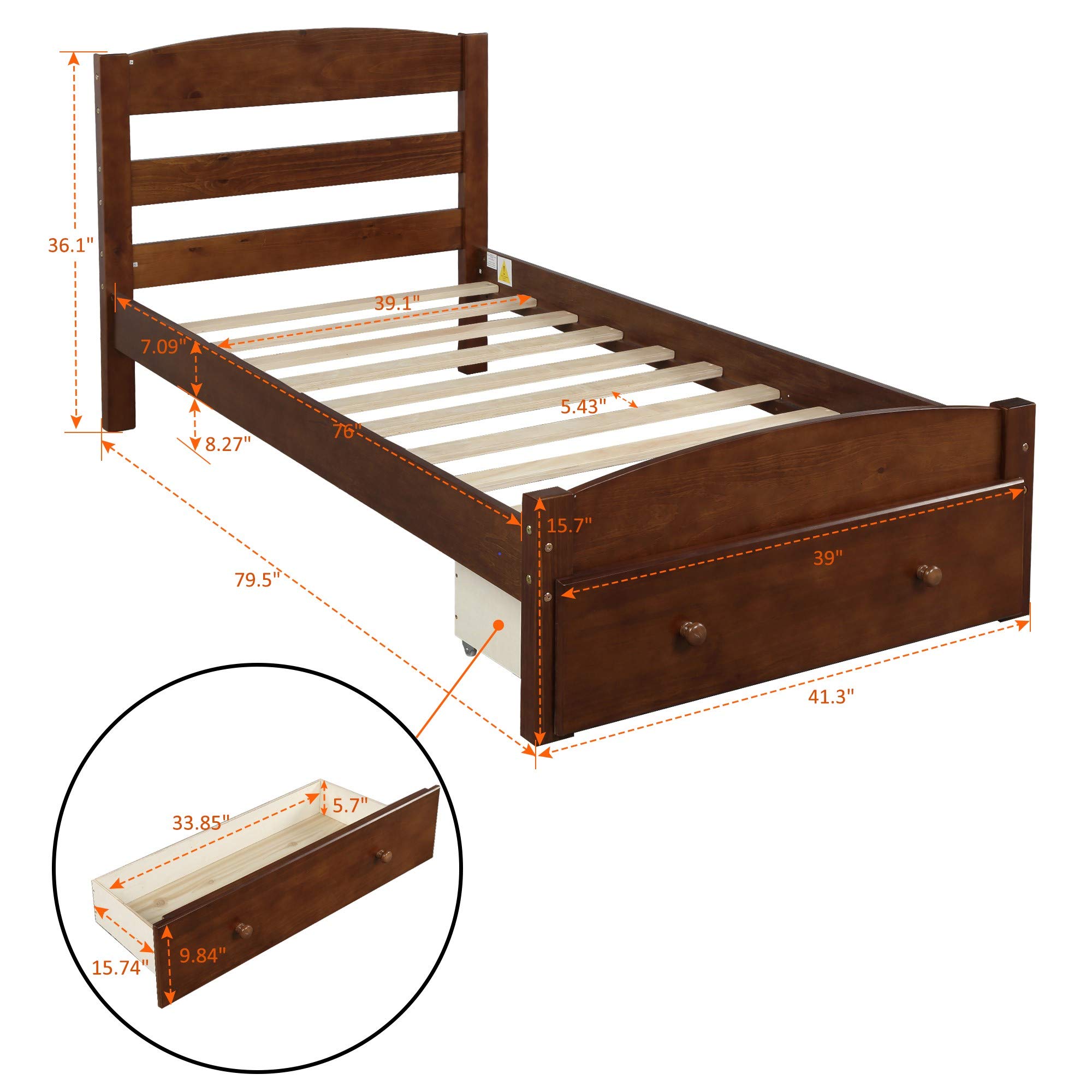 Wood Platform Bed with Storage Drawer - Twin Size Solid Wood Bed Frame with Slat Support, No Box Spring Needed - Perfect for Small Bedrooms, Guest Rooms & Dorm Rooms