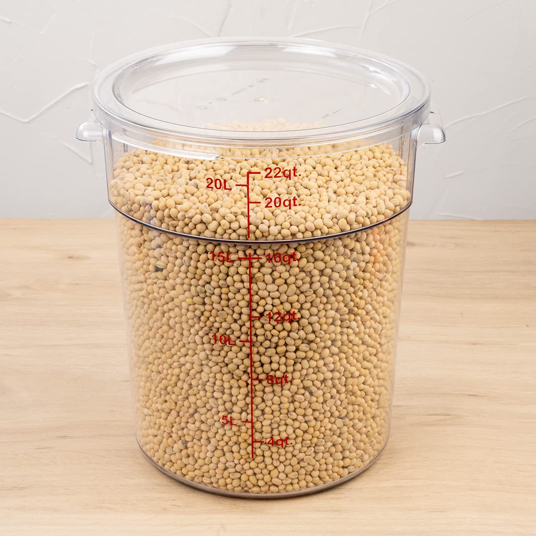Restaurantware Met Lux 22 Quart (20.8L) Clear Plastic Food Storage Containers - 10-Pack Round Commercial Food Prep Buckets with Volume Markers | Space-Saving Kitchen Organization for Restaurants, Catering & Bulk Food Storage (Lids Sold Separately)