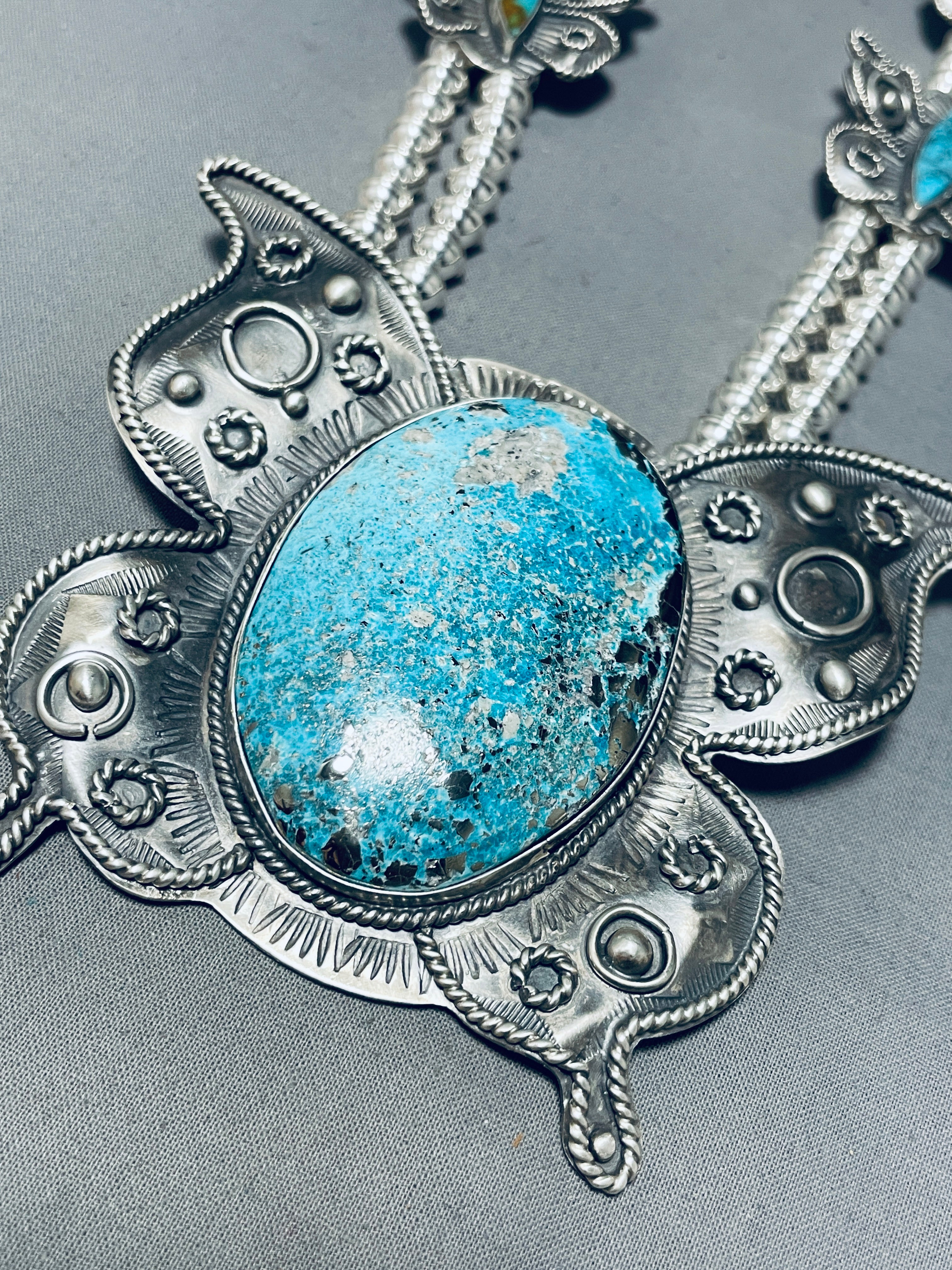 203 Grams Authentic Navajo Sterling Silver Squash Blossom Necklace with Natural Turquoise - Handmade Native American Jewelry for Women, Perfect for Weddings, Ceremonies and Boho Fashion