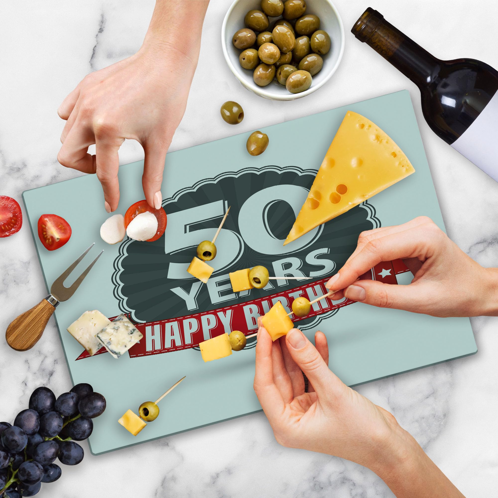 Ambesonne 50th Birthday Cutting Board - Retro Red Ribbon Classic Design Tempered Glass Serving Board - Large Grey Red White - Perfect for Anniversary Gifts & Party Decor
