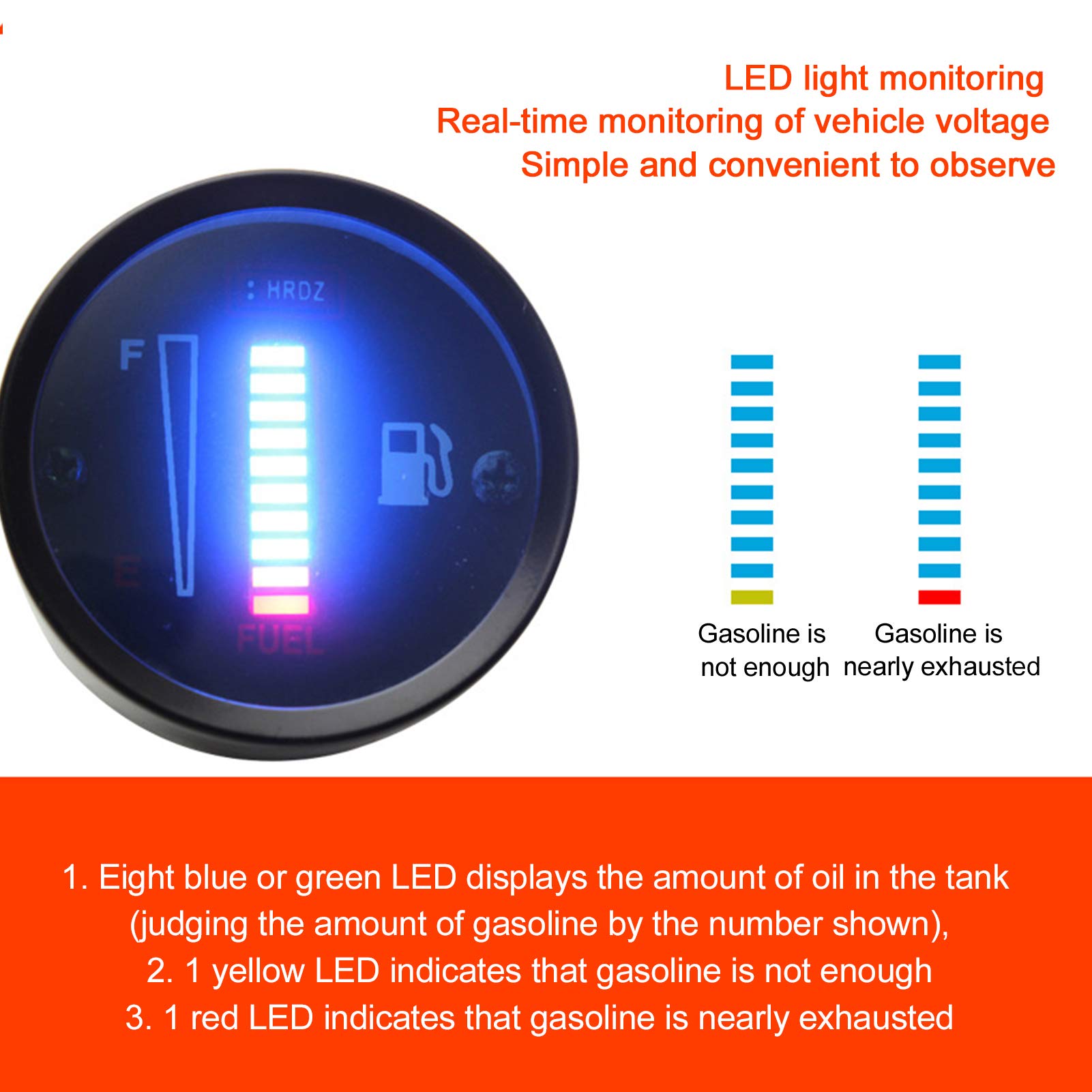 12V LED Fuel Gauge - 52mm Universal Adjustable Fuel Meter for Cars & Motorcycles - Perfect for Vehicle Fuel Level Monitoring & Dashboard Installation