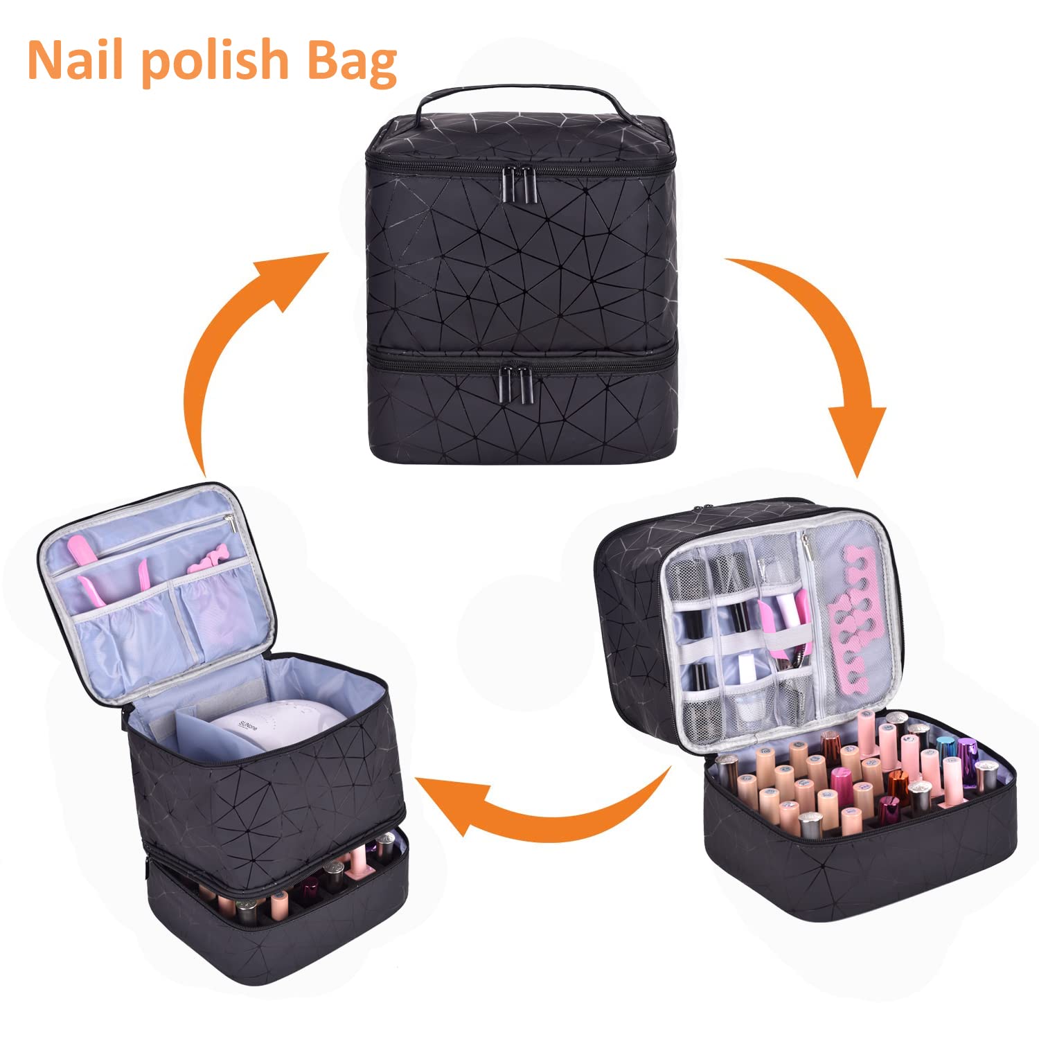 Double-Layer Nail Polish Organizer Bag - Storage & Drying Case Holds 30 Bottles (15ml) - Portable Nail Art Accessories for Salon, Travel & Home Use (Black)