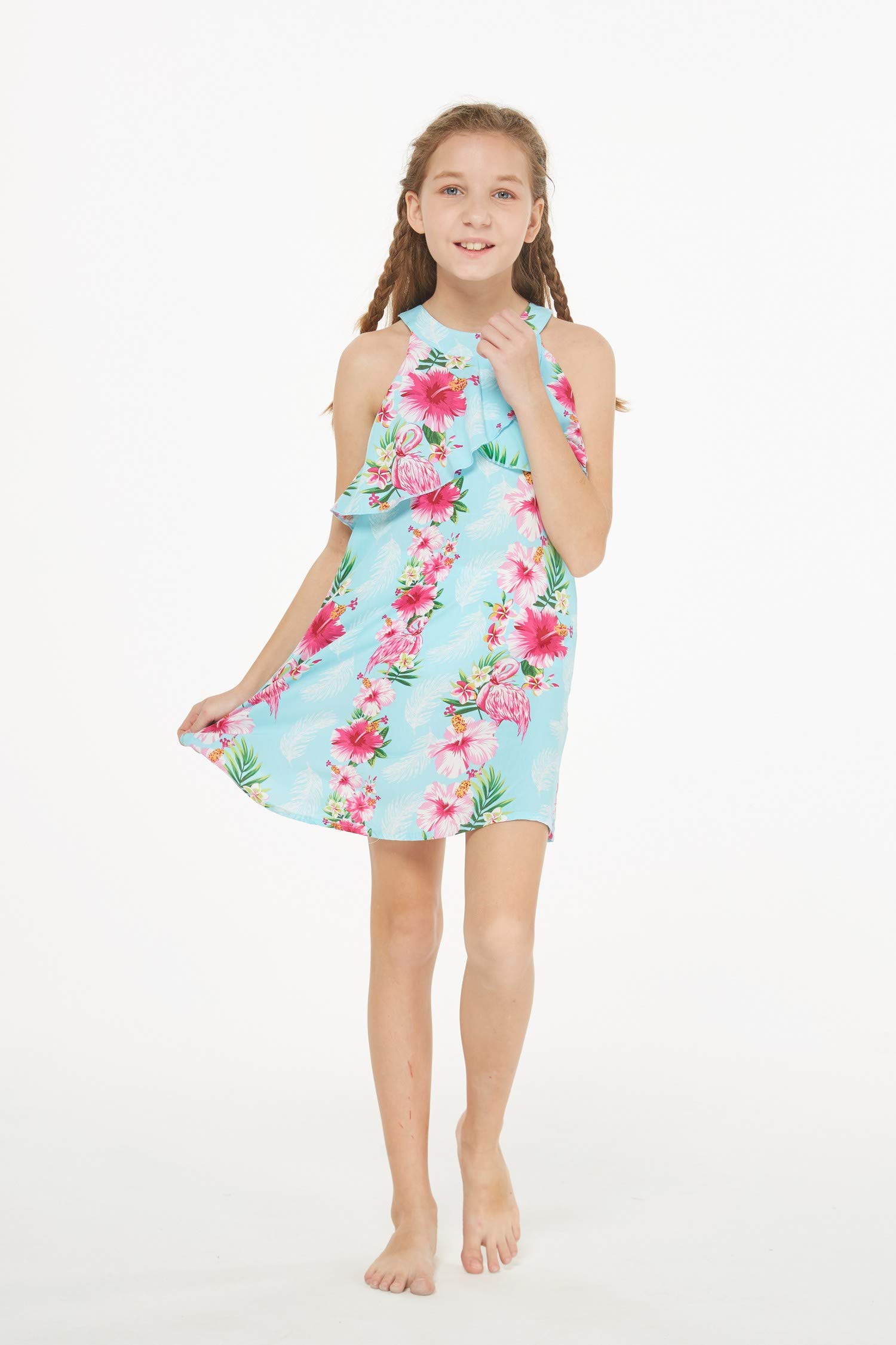 Hawaiian Floral Ruffle Dress for Girls - Pink Hibiscus Vine Print Round Neck Summer Dress | Perfect for Beach Vacations, Luau Parties & Tropical Getaways