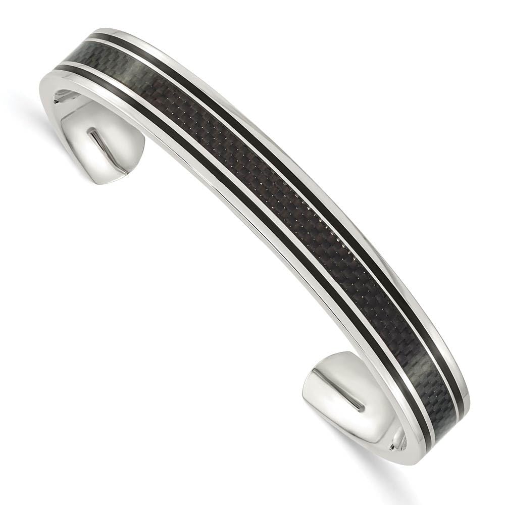 10mm Stainless Steel Black Plated Carbon Fiber Cuff Bracelet for Men - Stylish & Durable Wristband for Casual Wear, Gifts & Special Occasions
