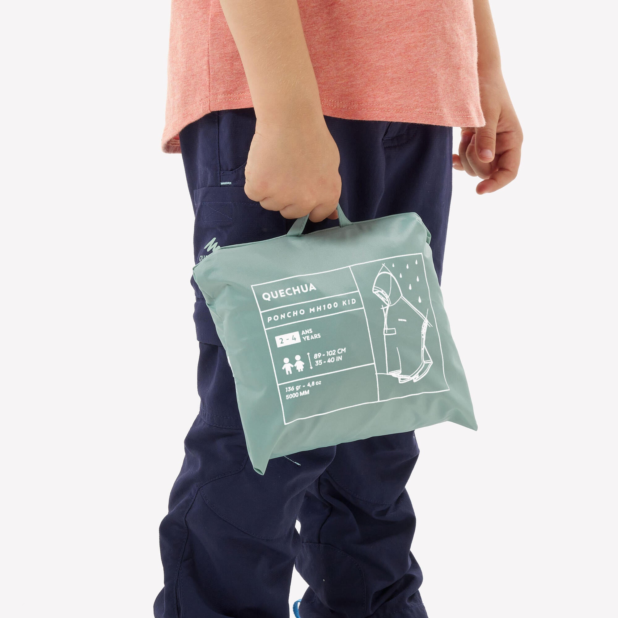 Quechua MH100 Kids Rain Poncho Waterproof Lightweight Hooded Jacket for Boys & Girls Ages 2-6 - Perfect for Outdoor Play, Hiking & Rainy Day Adventures