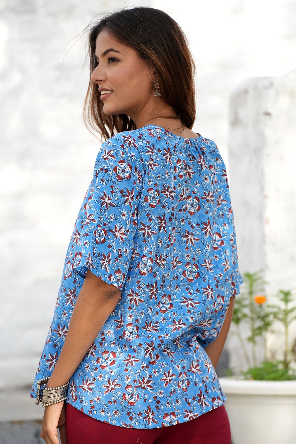 Blueberry Burgundy Handblock Printed Cotton Top for Women | Boho Chic Blouse | Perfect for Casual Wear, Summer Outfits & Festivals
