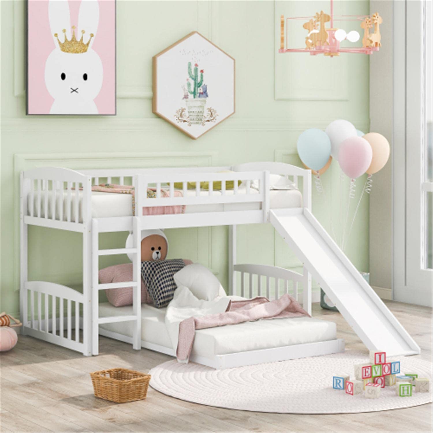 White Twin Over Twin Bunk Bed Frame with Slide & Ladder - Sturdy Safety Guardrail for Kids, Boys & Girls - Perfect for Shared Bedrooms, Sleepovers & Space-Saving Kids' Rooms