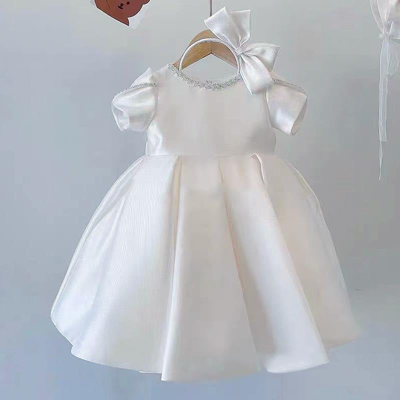 Elegant White Round Neck Baby Girls First Birthday Dress - Toddler First Communion Dress for Special Occasions & Photo Shoots