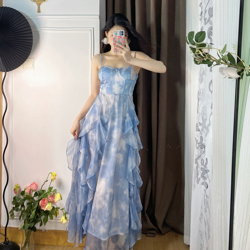 French Blue Strapless Backless Summer Dress - Elegant Fairy Gown for Weddings, Parties & Beach Vacations