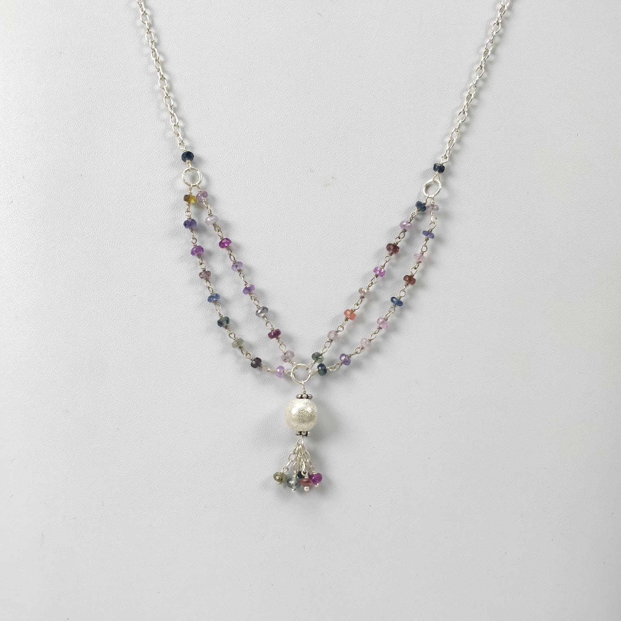 Natural Multi Sapphire Gemstone Beads Chain Necklace - 37.75cts Untreated Sapphires with 925 Sterling Silver, 3mm to 8mm Beads, 21