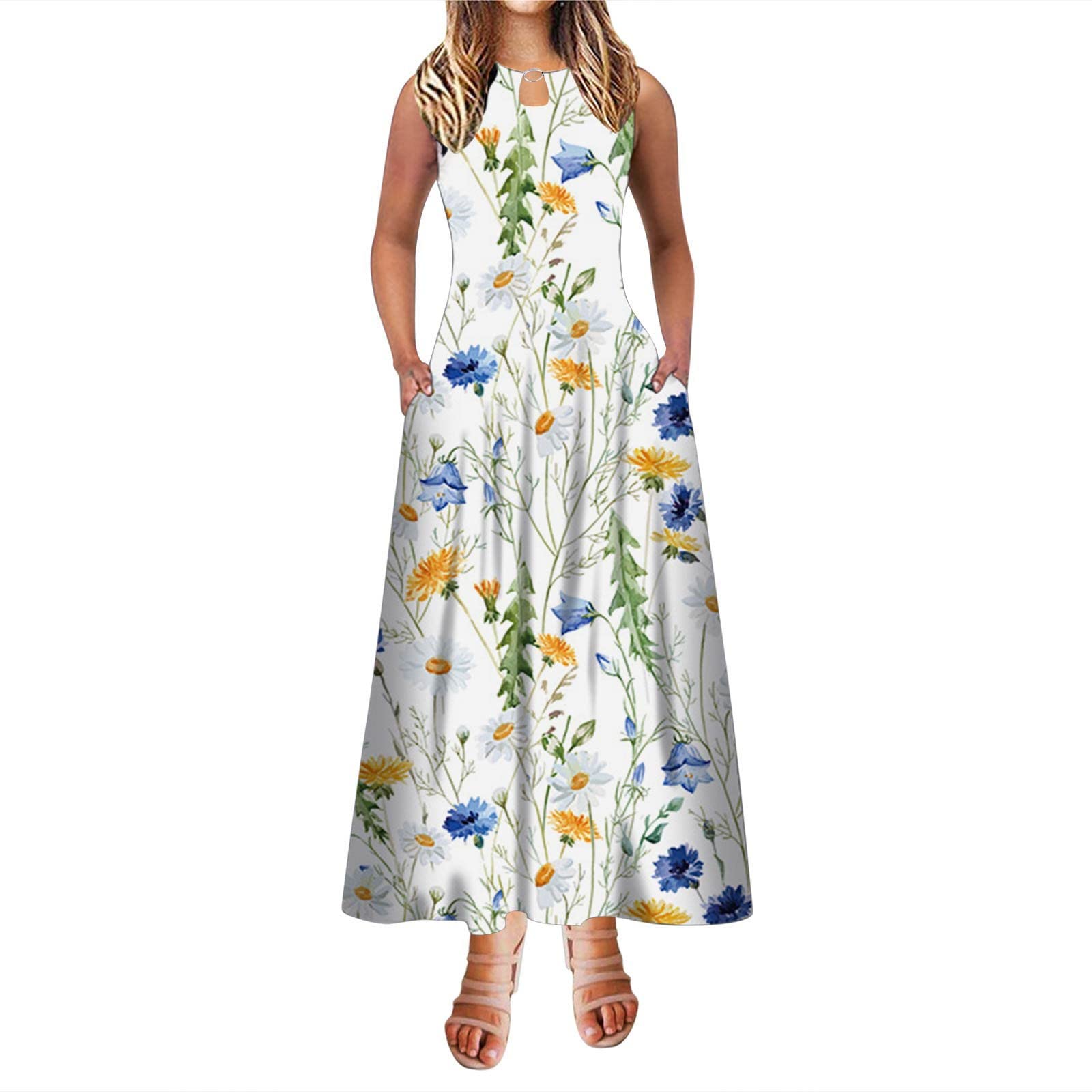 Women's Plus Size Floral Printed Sleeveless Maxi Dress - Breathable Loose Beach Dress with Pockets & Hollow Out Crew Neck | Perfect for Summer Vacations, Beach Parties, and Casual Outings