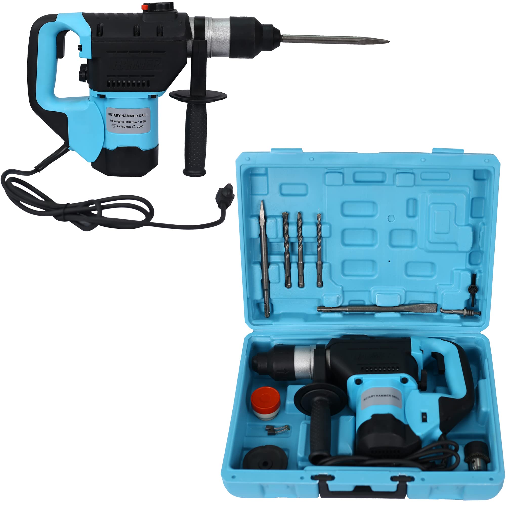 1100W SDS Plus Rotary Hammer Drill with Vibration Control - 3 Function Concrete Demolition Hammer (1-1/2