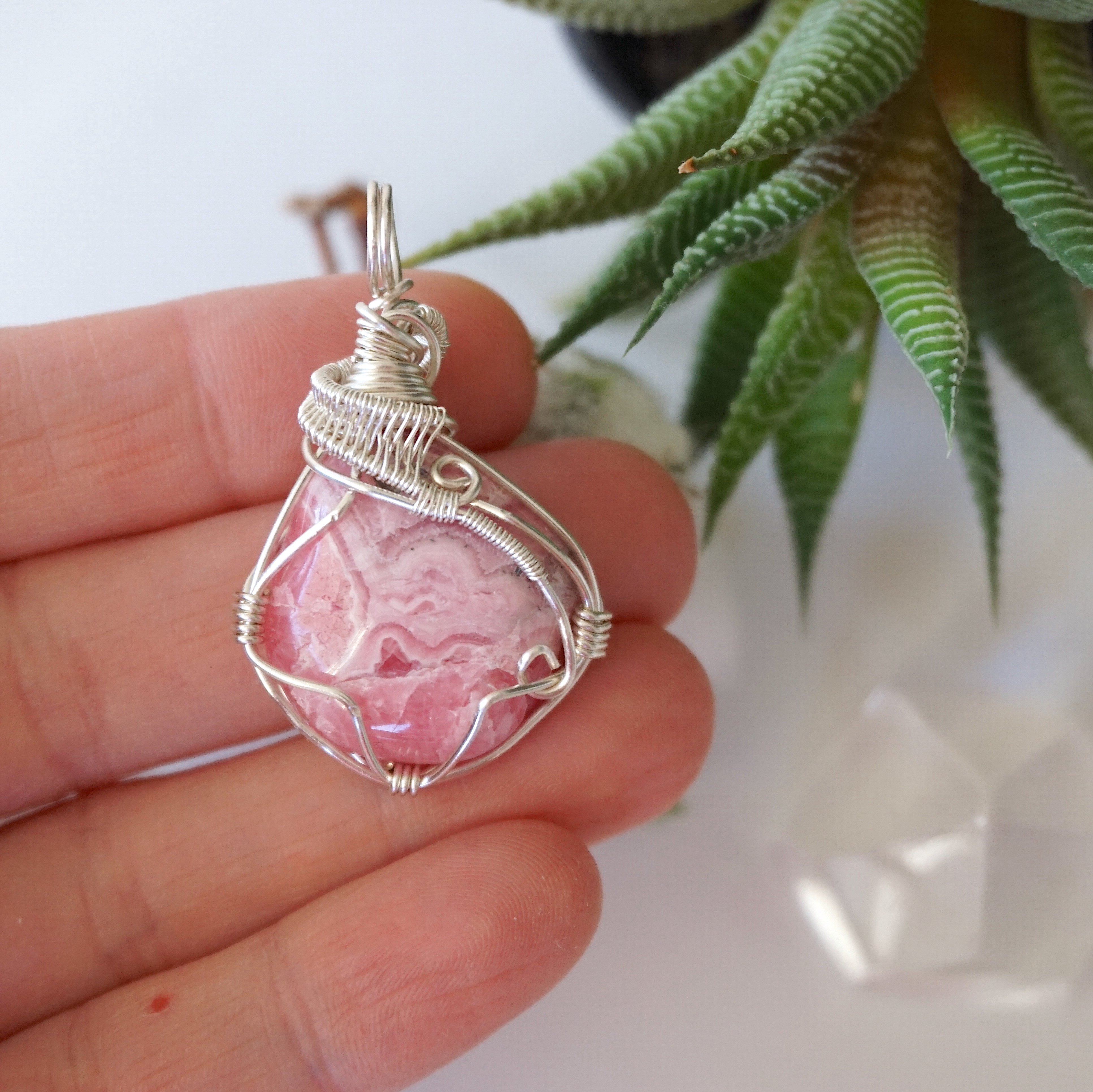 Rhodochrosite Pendant Necklace in Bright Silver - Elegant Jewelry for Women, Gift for Valentine's Day, Birthday & Special Occasions