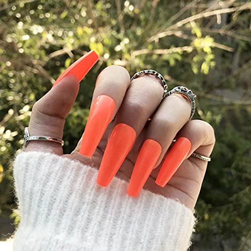 Aularso 100PCS Coffin Press on Fake Nails - Extra Long Glossy Orange Ballerina Nails - Full Cover Artificial Nail Tips for Women & Girls - Perfect for Parties, Weddings, Halloween & Special Occasions