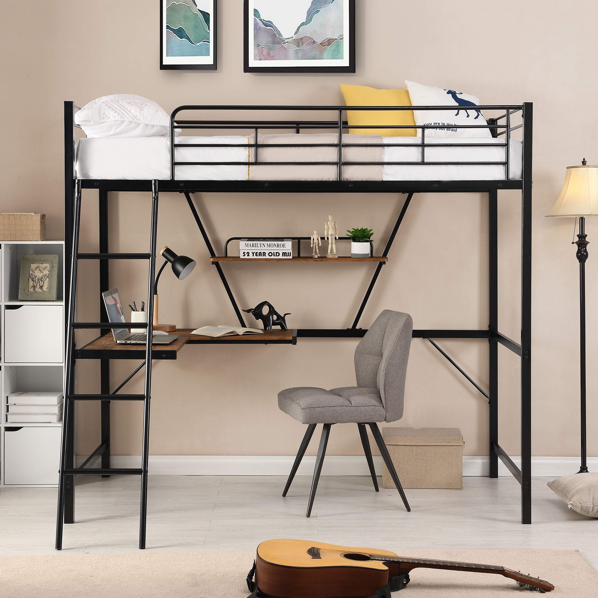Kteam Metal Loft Bed with L-Shaped Desk - Sturdy Twin Size Bunk Bed with Ladder & Safety Guardrails - Space Saving Black Loft Bed for Small Rooms | Perfect for Kids, Teens & College Dorm Rooms