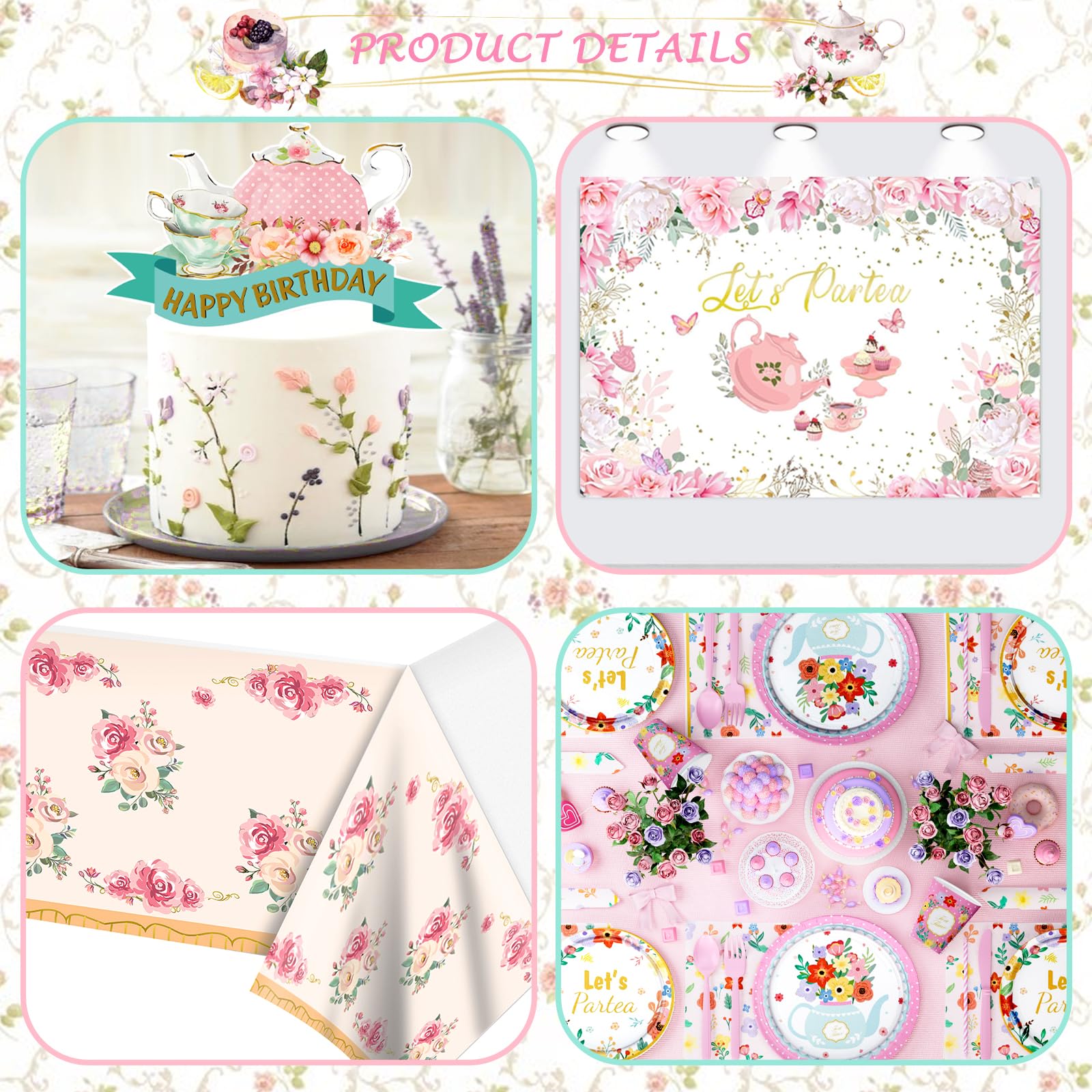 Elegant Tea Party Decorations Set - Teapot Floral Backdrop, Balloon Banner, Tablecloth, Plates, Napkins, Cups, Straws, Cutlery (Forks, Knives, Spoons) - Perfect for Birthday, Baby Shower & Bridal Tea Party Decor